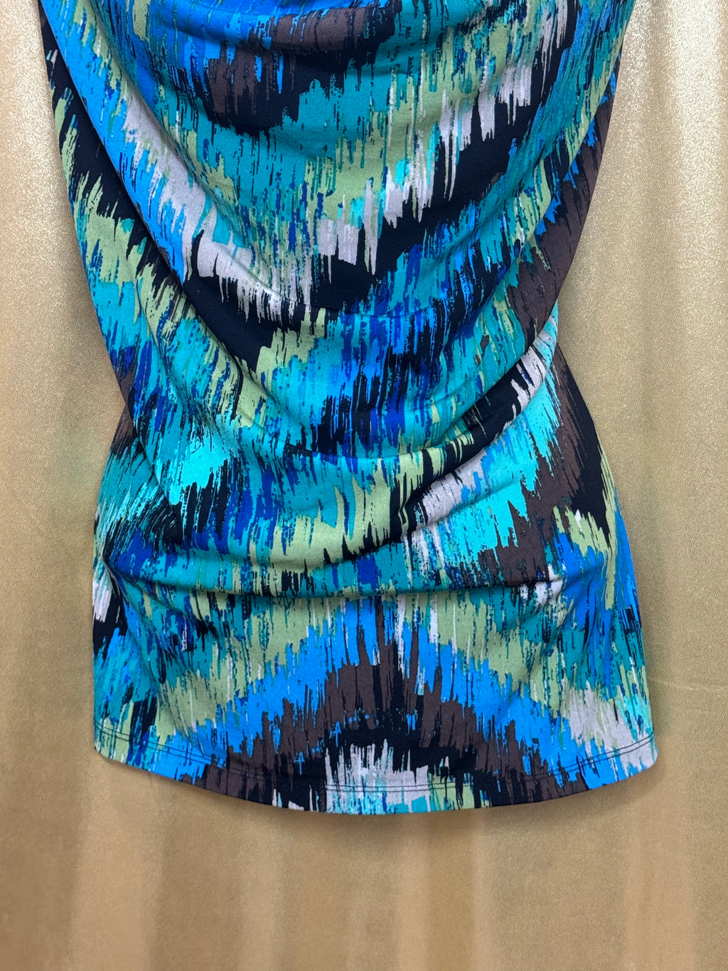 East 5th Abstract Cowl Neck Top Size L Teal Blue Brown Sleeveless Blouse