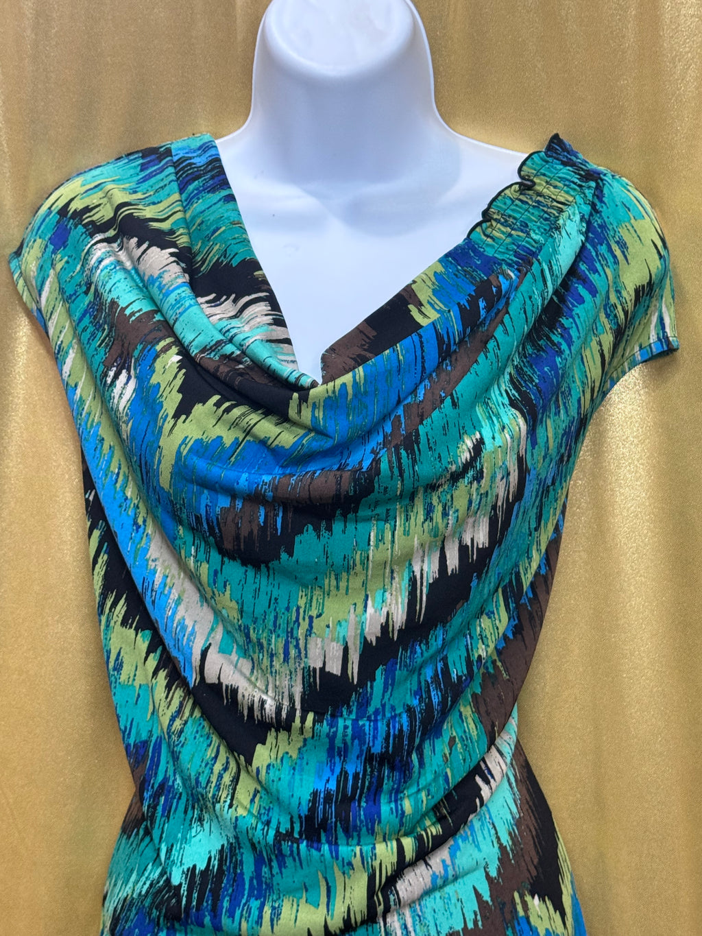 East 5th Abstract Cowl Neck Top Size L Teal Blue Brown Sleeveless Blouse