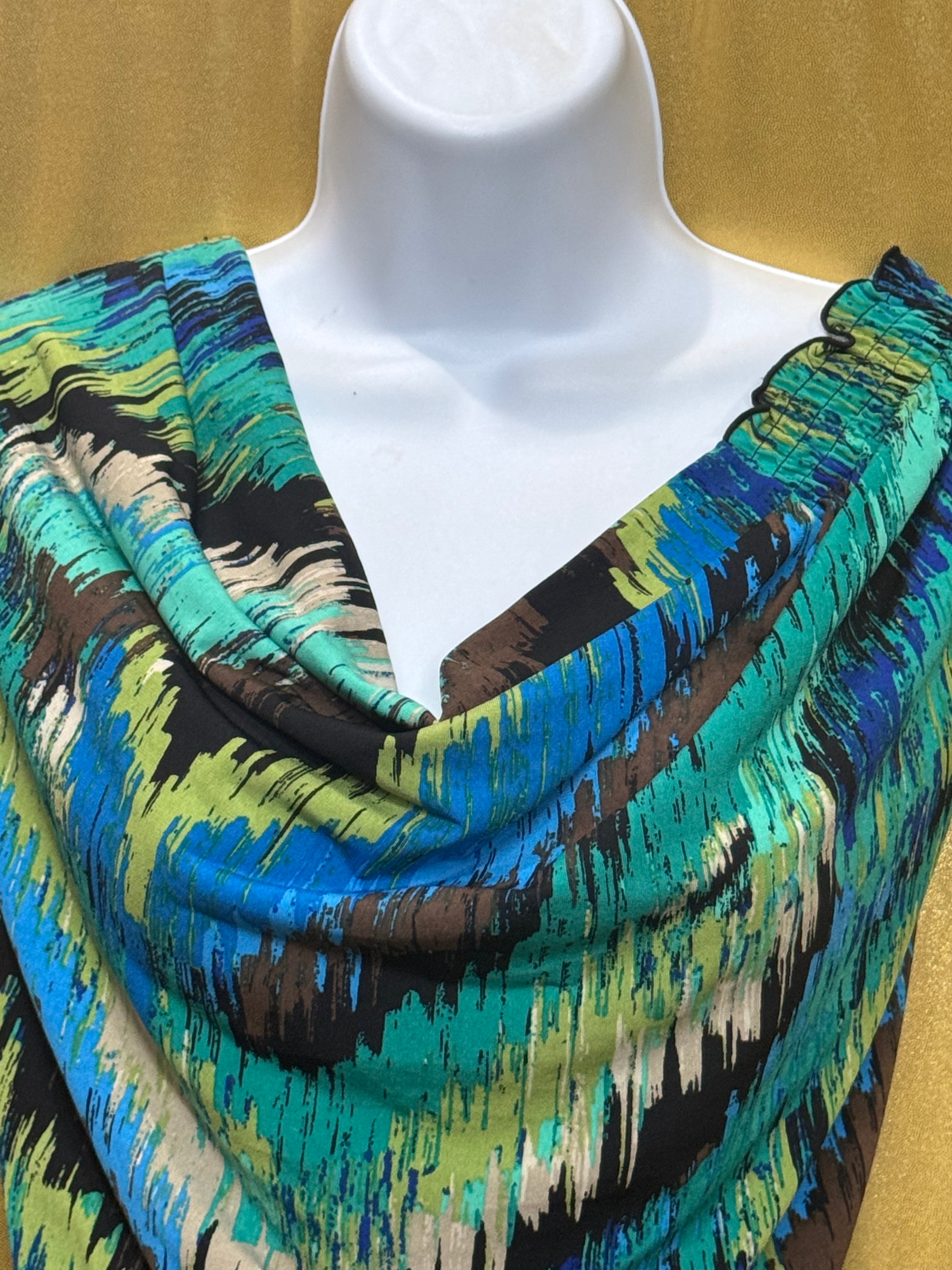 East 5th Abstract Cowl Neck Top Size L Teal Blue Brown Sleeveless Blouse