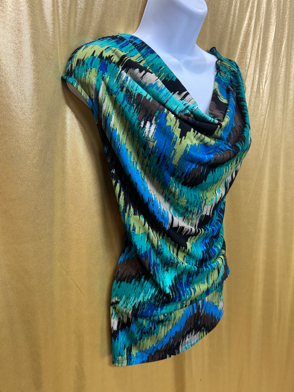 East 5th Abstract Cowl Neck Top Size L Teal Blue Brown Sleeveless Blouse