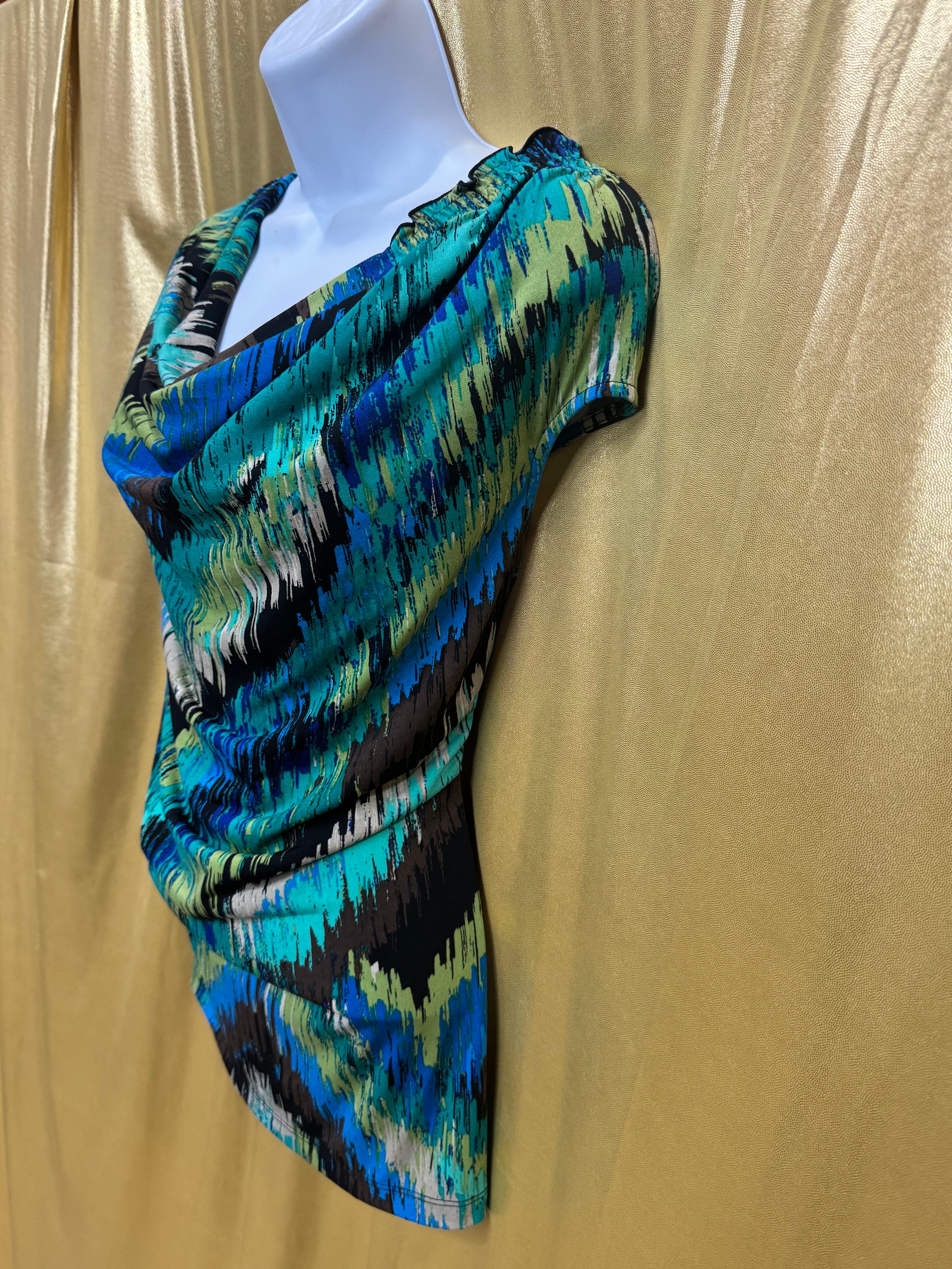 East 5th Abstract Cowl Neck Top Size L Teal Blue Brown Sleeveless Blouse