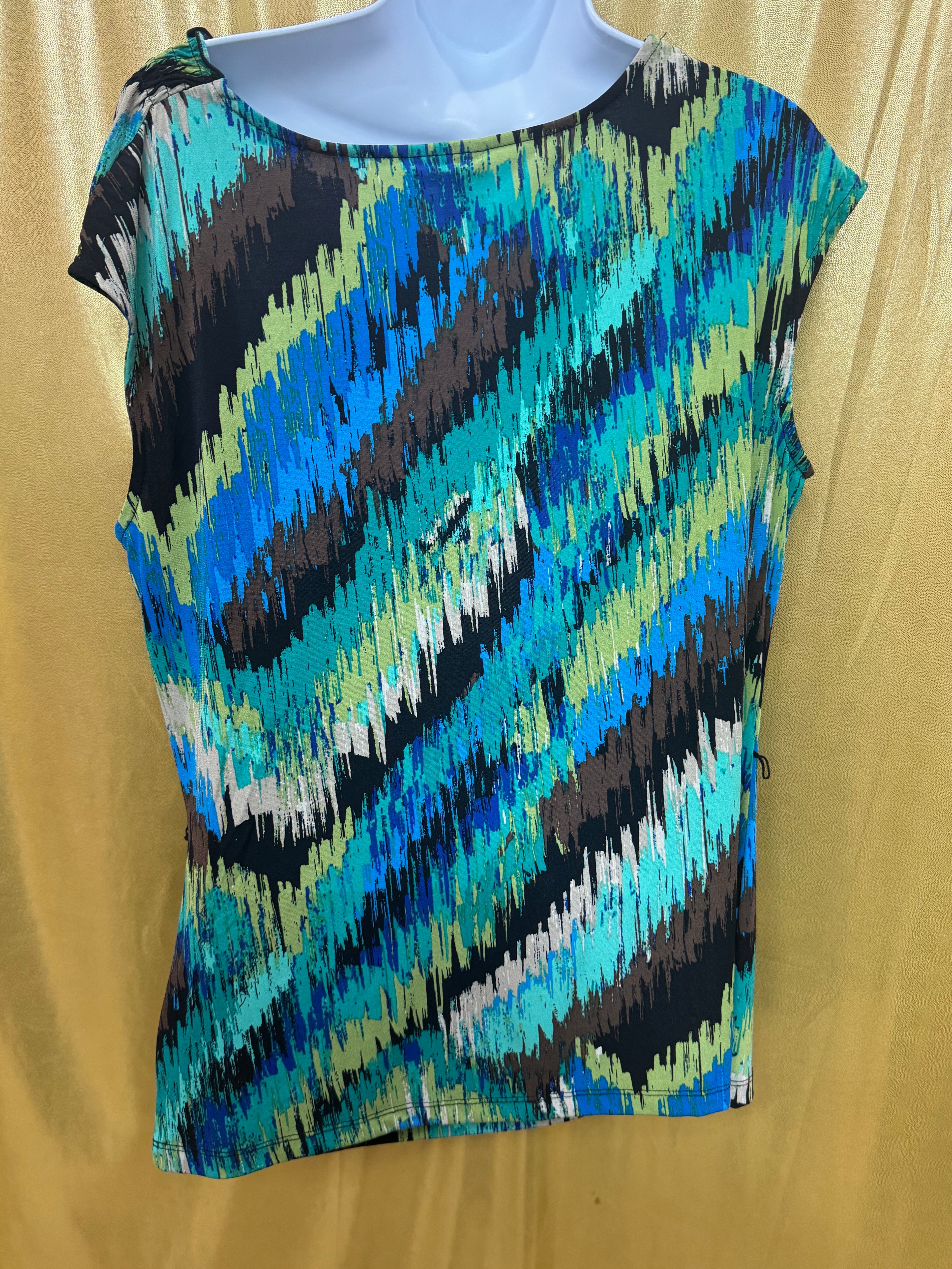 East 5th Abstract Cowl Neck Top Size L Teal Blue Brown Sleeveless Blouse