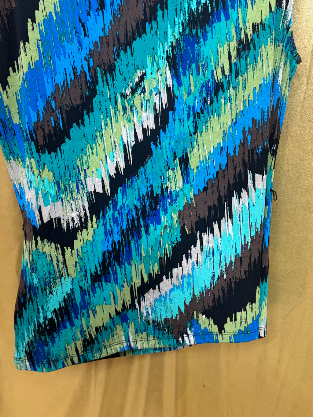 East 5th Abstract Cowl Neck Top Size L Teal Blue Brown Sleeveless Blouse