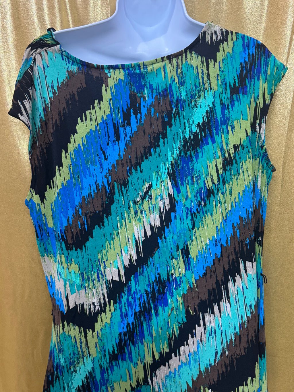 East 5th Abstract Cowl Neck Top Size L Teal Blue Brown Sleeveless Blouse