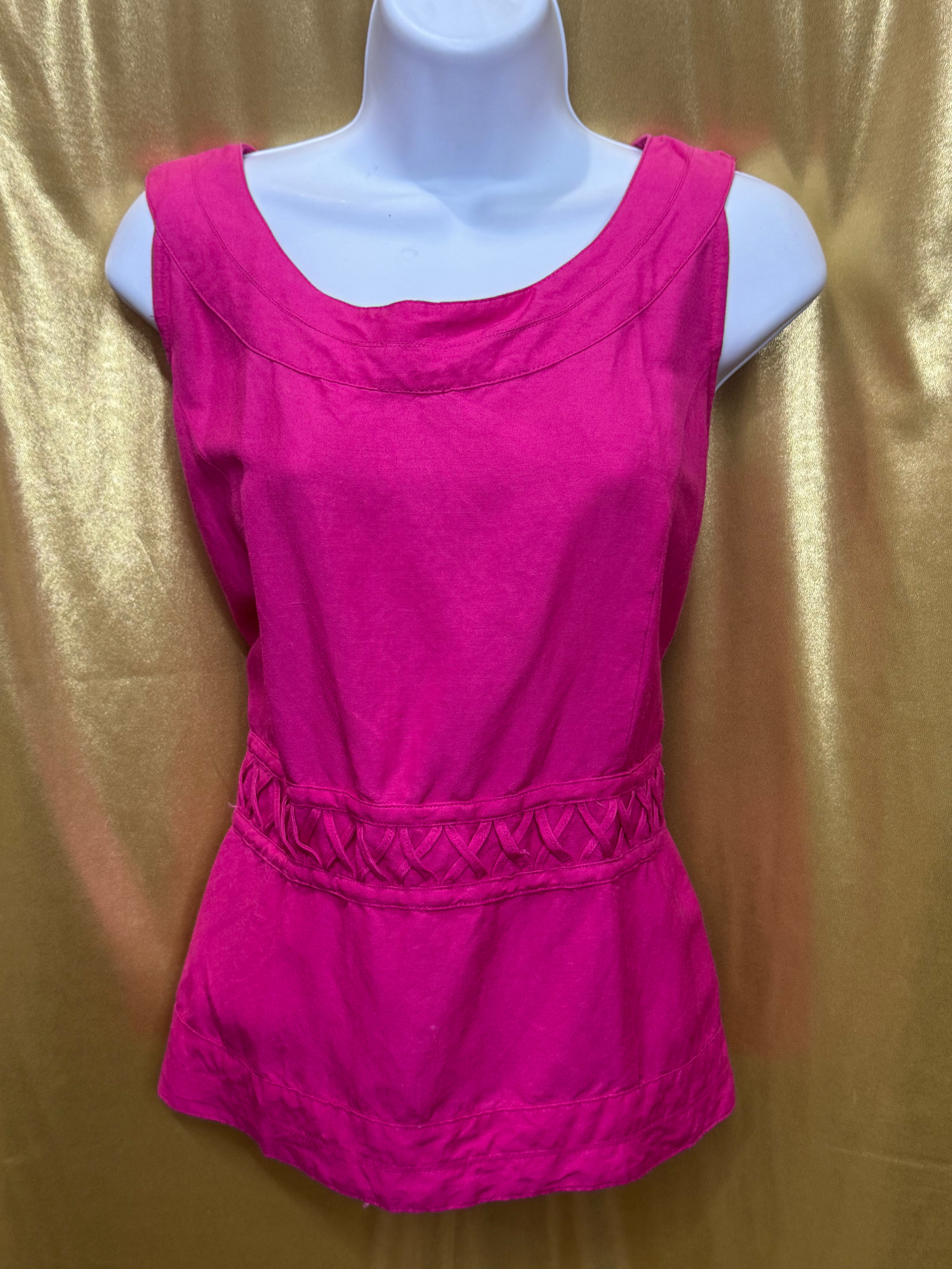 Appraisal Hot Pink Sleeveless Blouse Woven Cross-Stitch Waist Ramie Blend Large