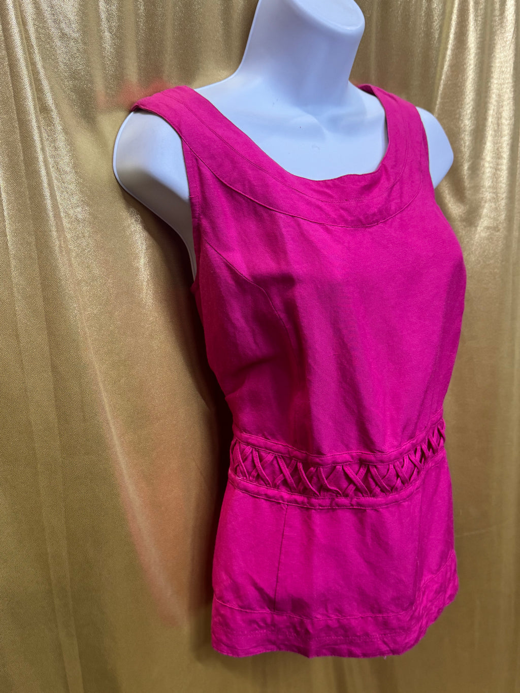 Appraisal Hot Pink Sleeveless Blouse Woven Cross-Stitch Waist Ramie Blend Large
