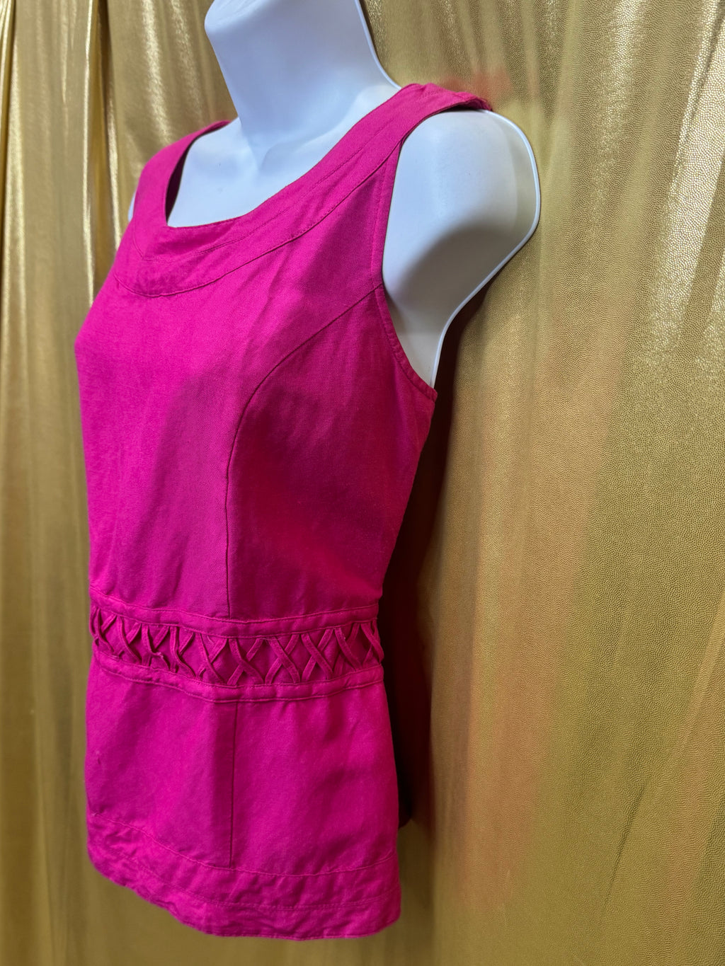 Appraisal Hot Pink Sleeveless Blouse Woven Cross-Stitch Waist Ramie Blend Large
