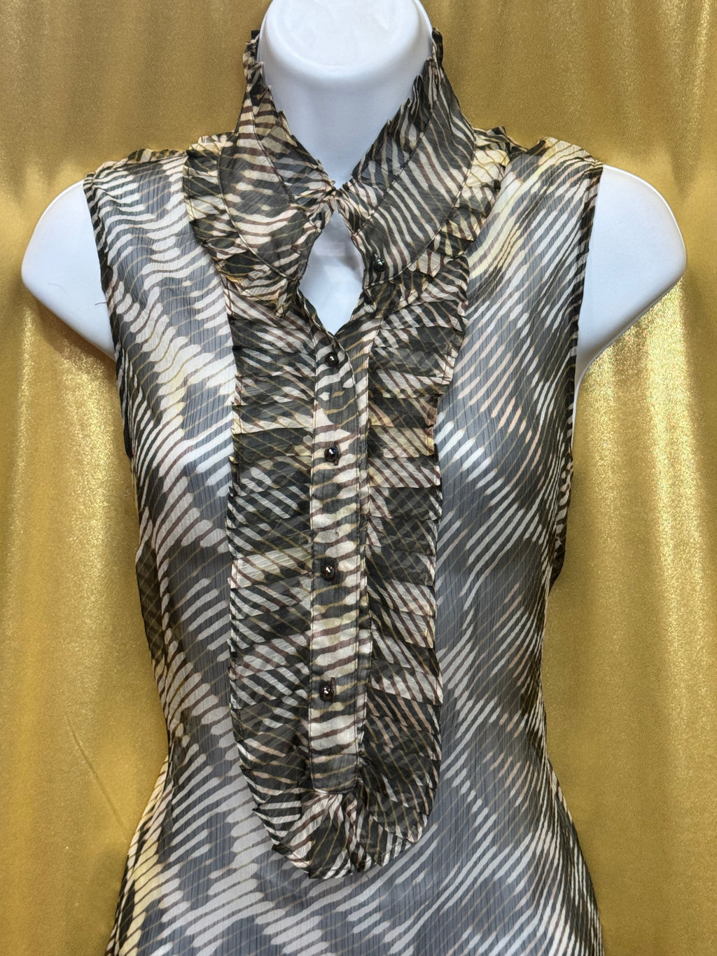 New York & Co. Sheer Animal Print Ruffle Sleeveless Blouse | Size Large