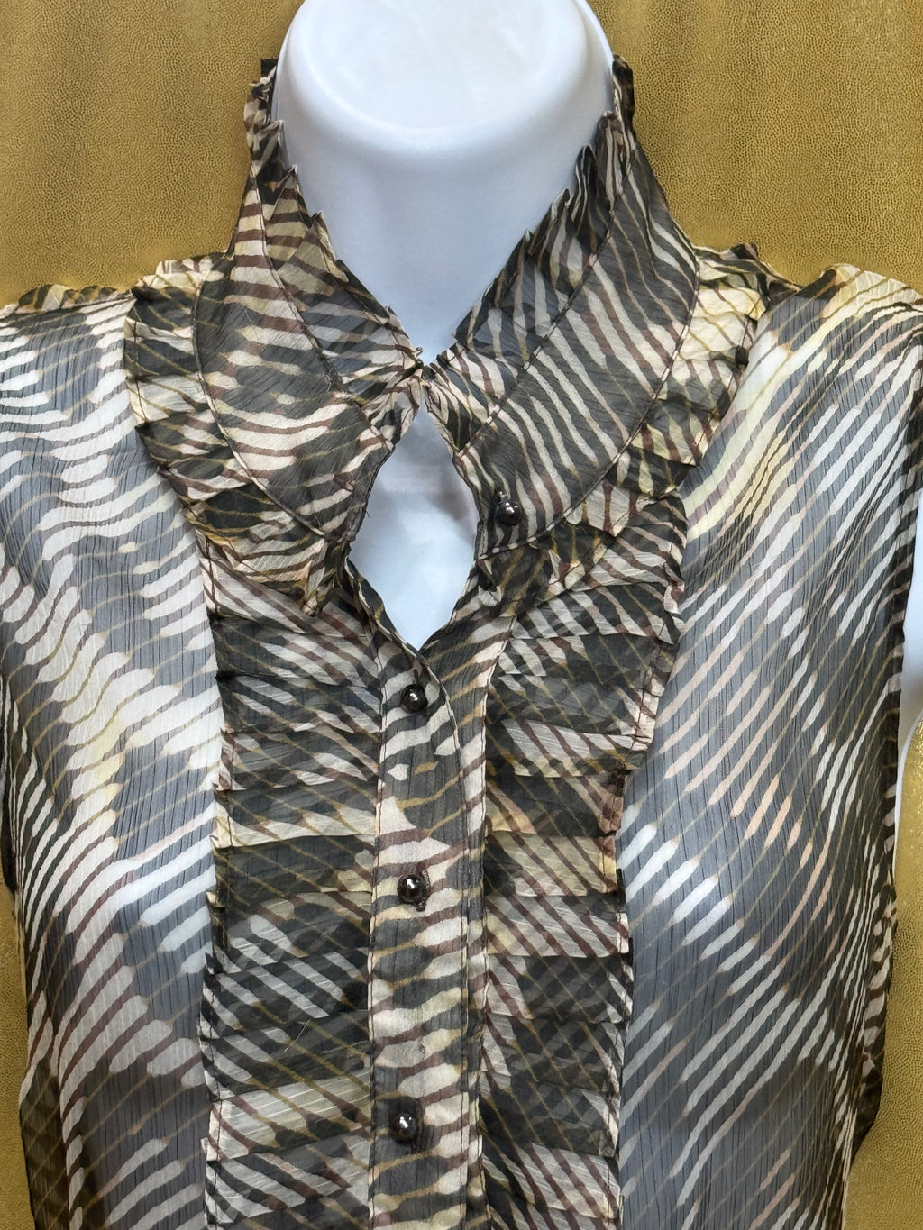 New York & Co. Sheer Animal Print Ruffle Sleeveless Blouse | Size Large