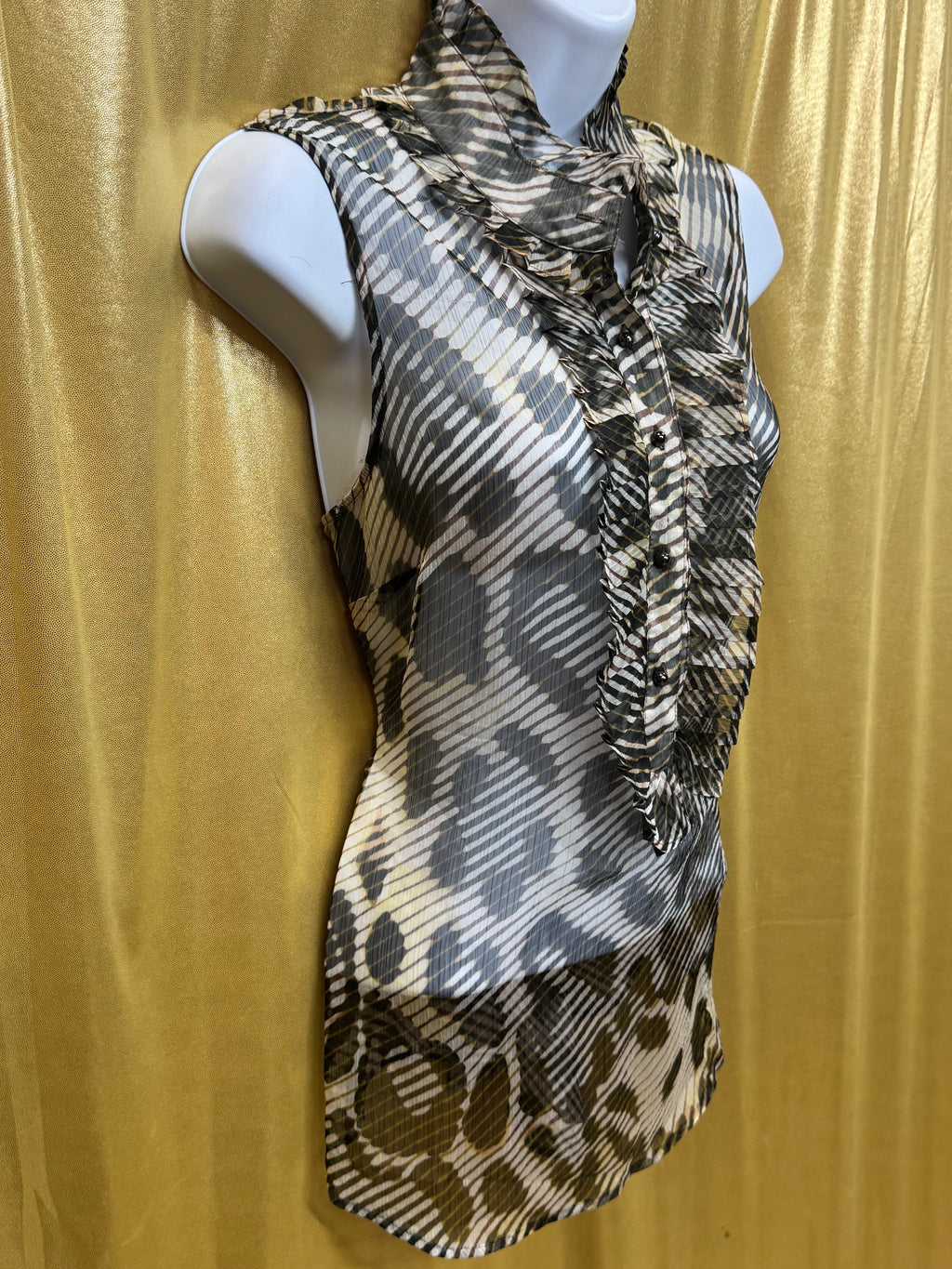 New York & Co. Sheer Animal Print Ruffle Sleeveless Blouse | Size Large