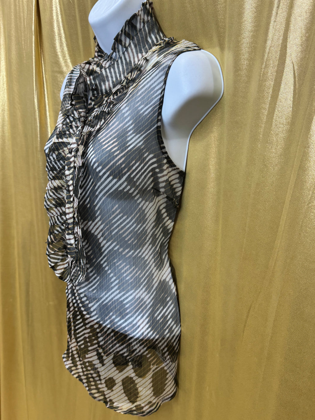 New York & Co. Sheer Animal Print Ruffle Sleeveless Blouse | Size Large