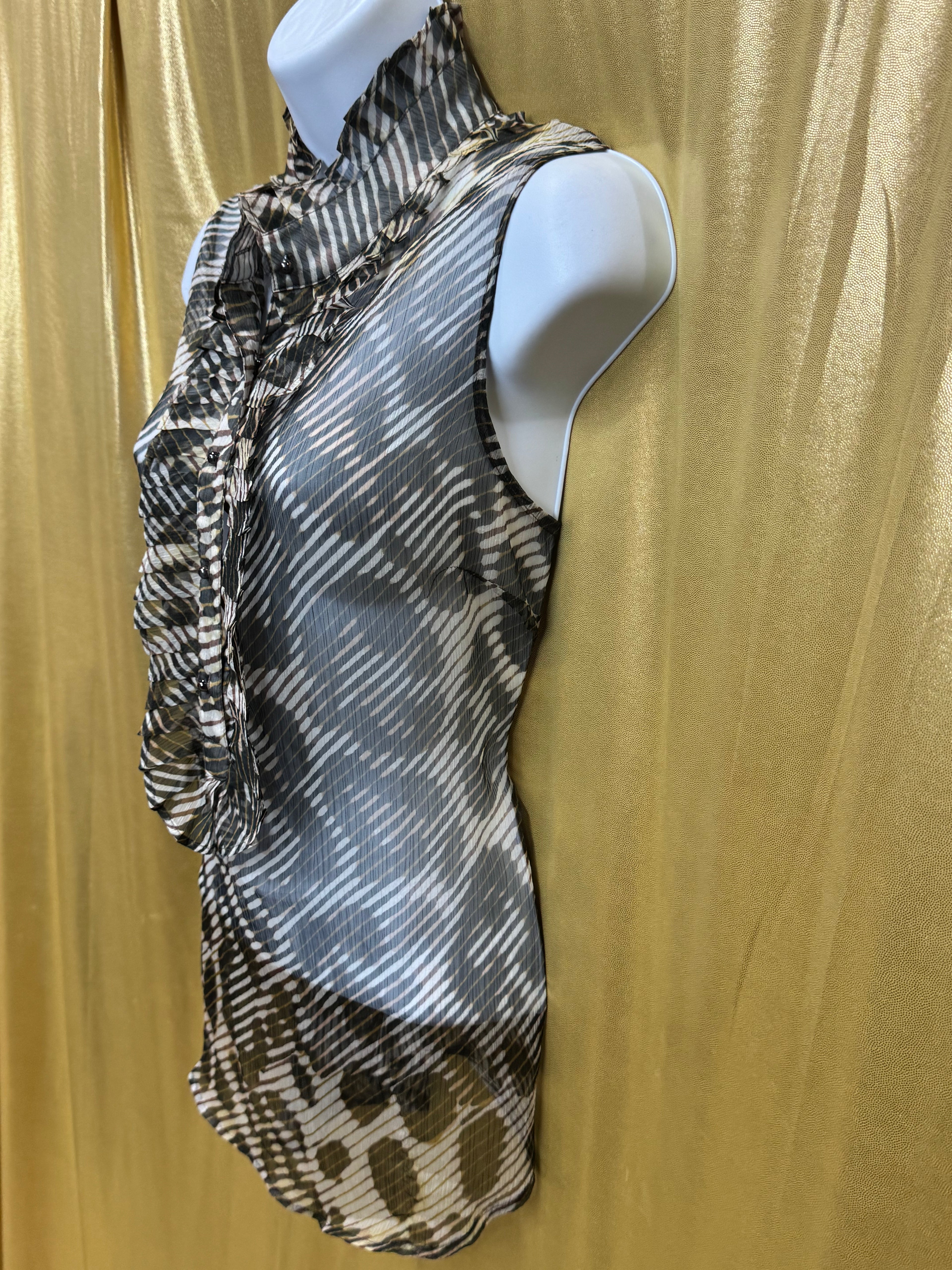 New York & Co. Sheer Animal Print Ruffle Sleeveless Blouse | Size Large