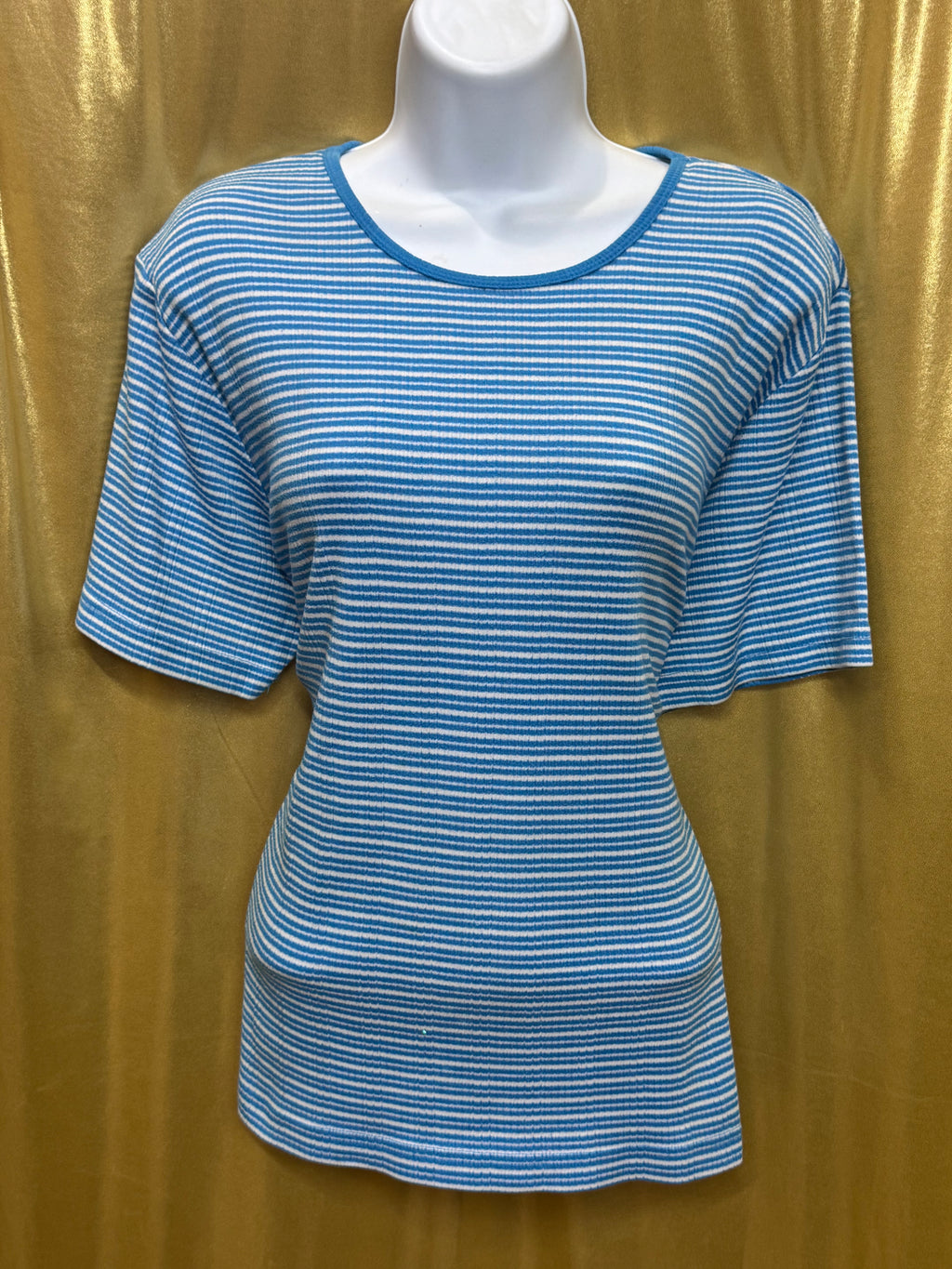 Vintage Cabin Creek Blue & White Striped Ribbed Crewneck Tee - Size L