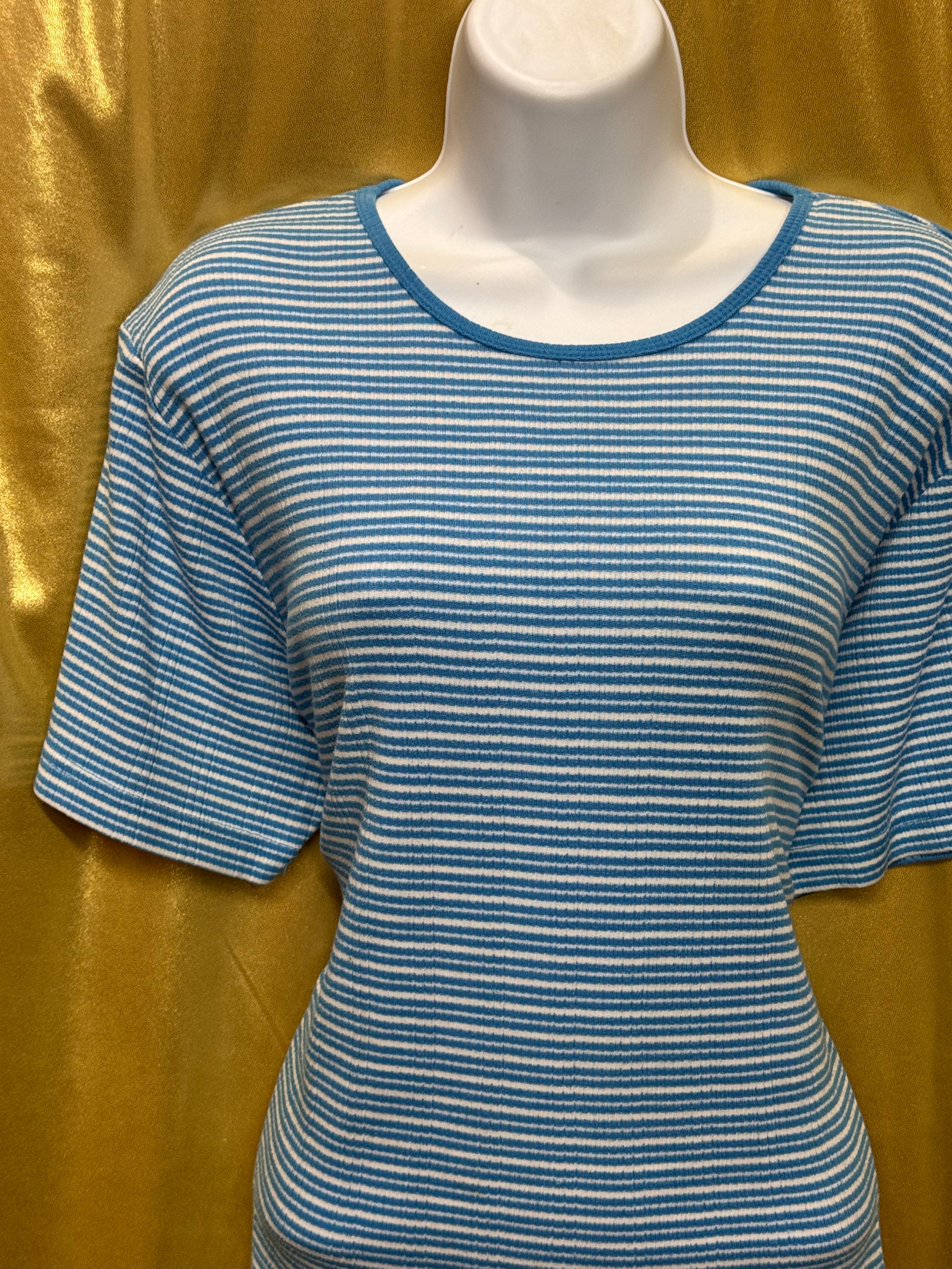 Vintage Cabin Creek Blue & White Striped Ribbed Crewneck Tee - Size L