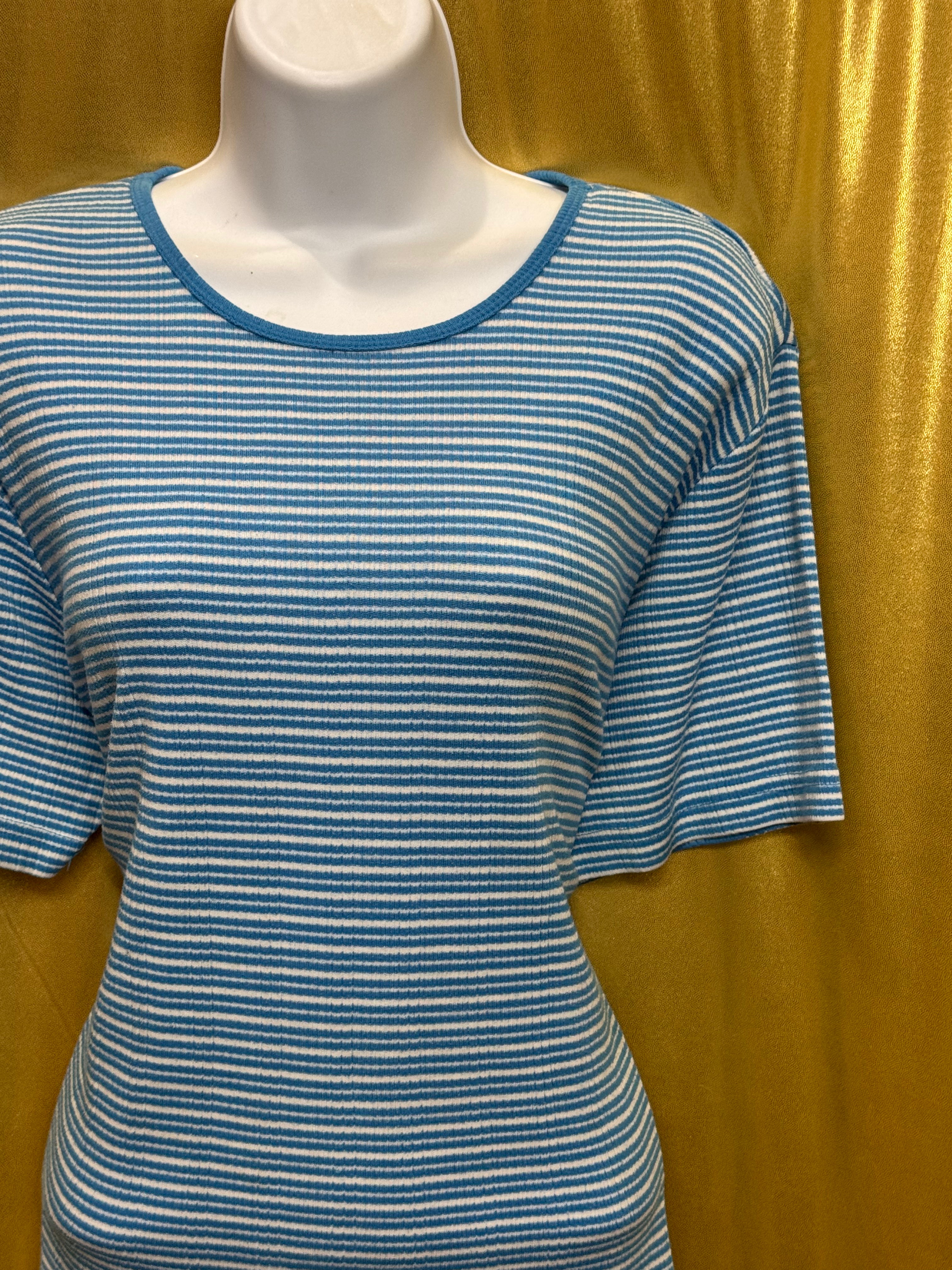 Vintage Cabin Creek Blue & White Striped Ribbed Crewneck Tee - Size L