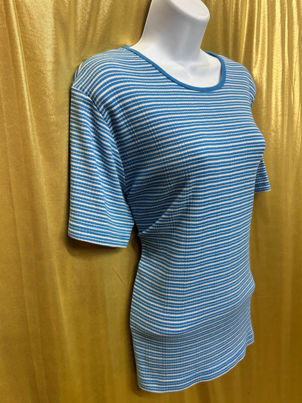 Vintage Cabin Creek Blue & White Striped Ribbed Crewneck Tee - Size L