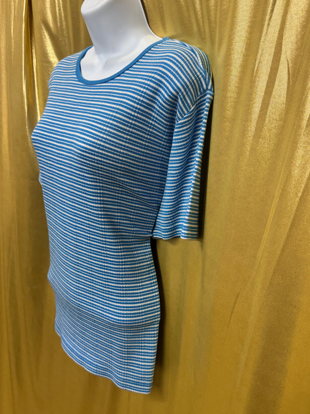 Vintage Cabin Creek Blue & White Striped Ribbed Crewneck Tee - Size L
