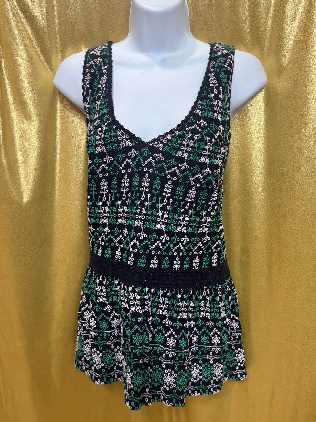 Anthropologie Maeve Cammie Embroidered Peplum Tank Top Size L Boho Green