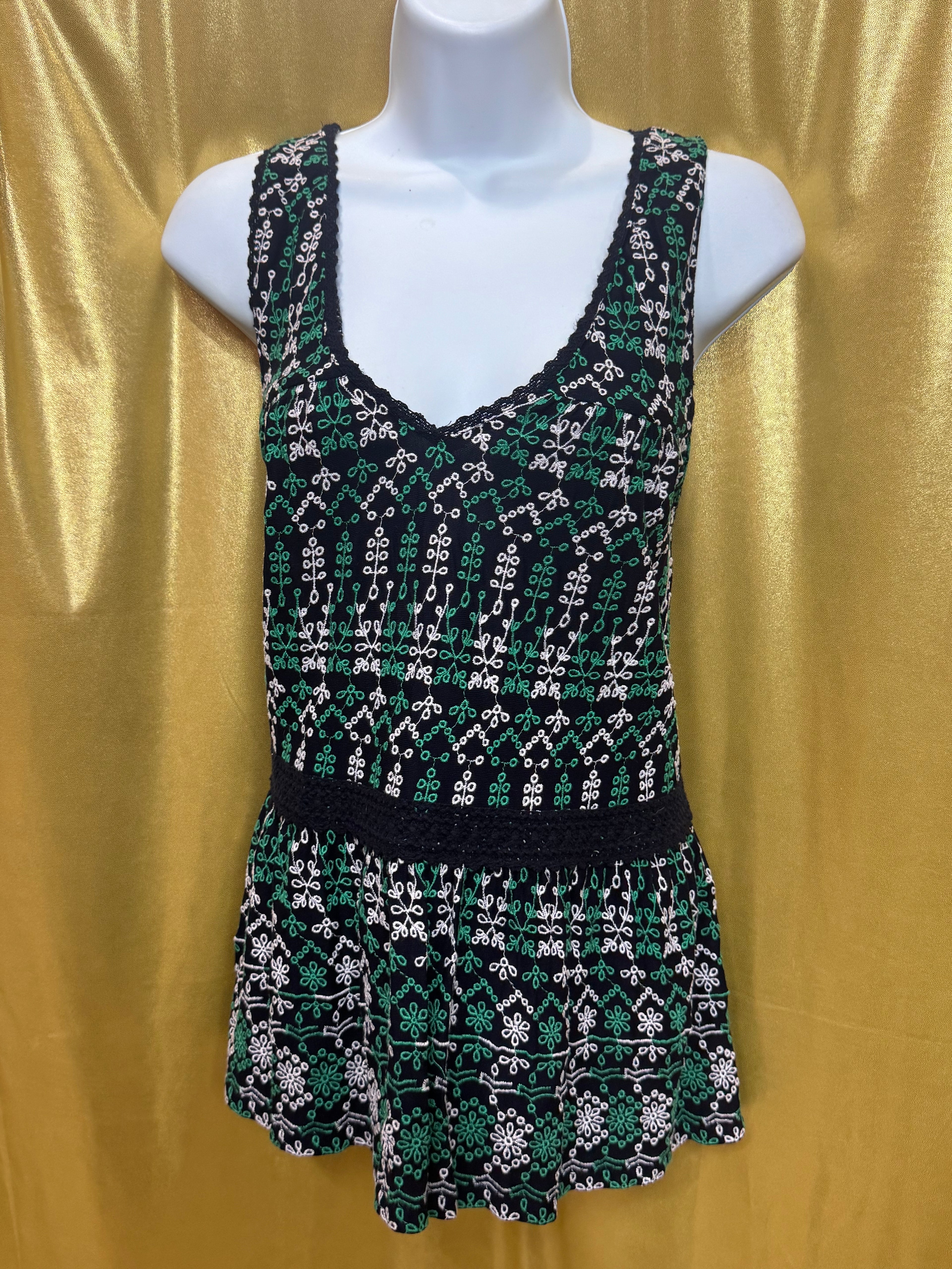 Anthropologie Maeve Cammie Embroidered Peplum Tank Top Size L Boho Green