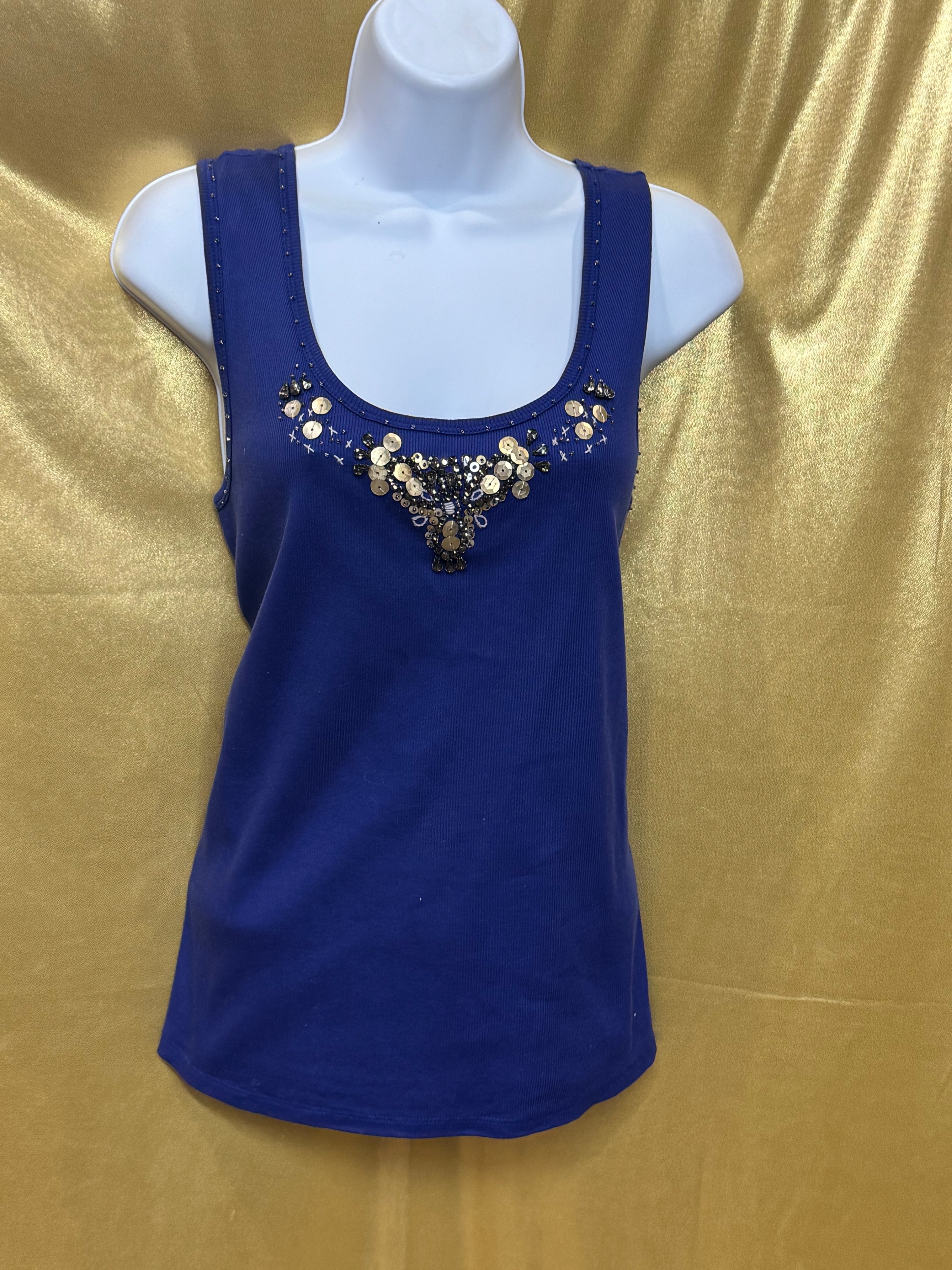 Emma James Purple Ribbed Tank Top Large 100% Cotton Beaded Embellished Neckline