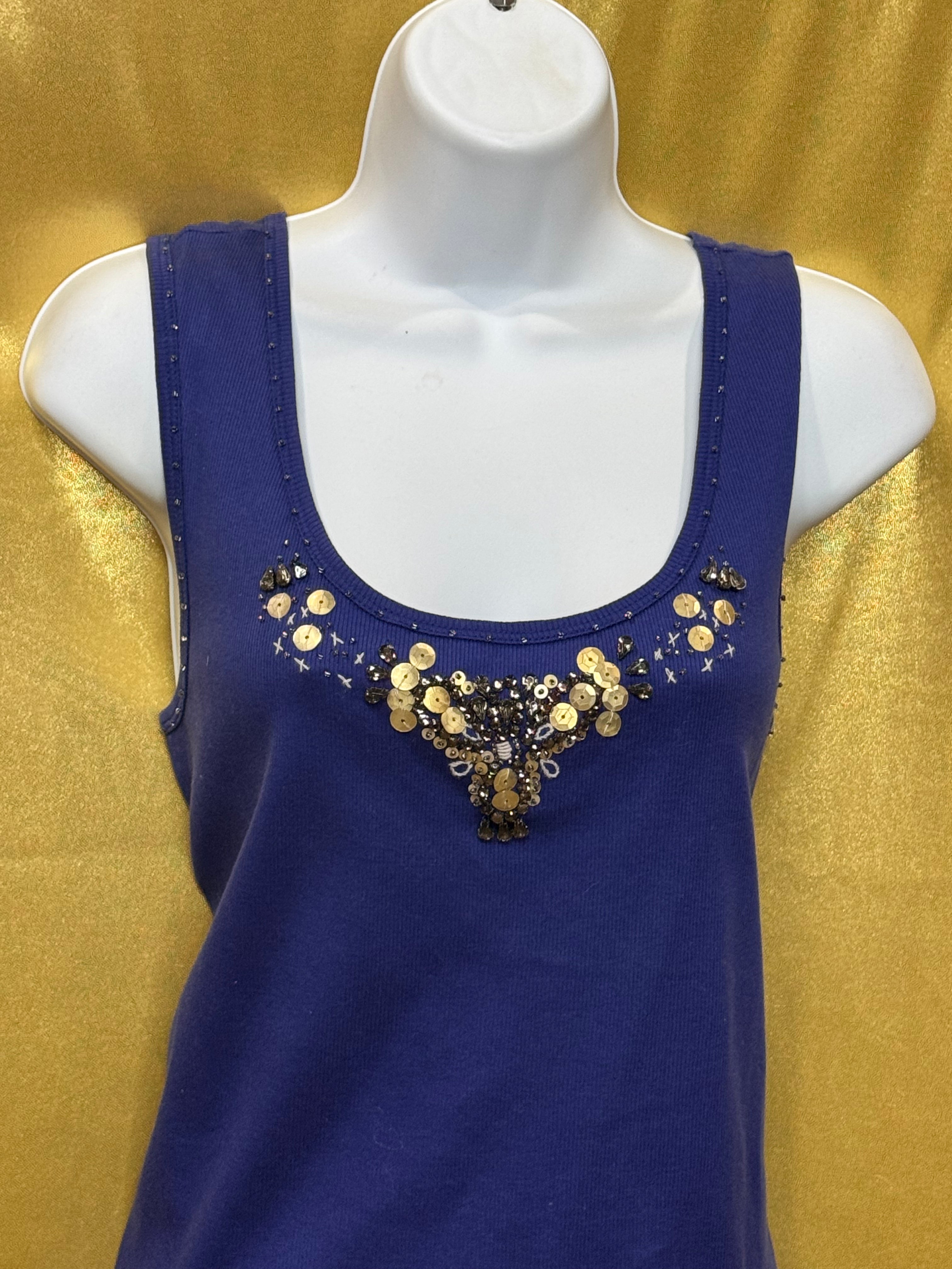 Emma James Purple Ribbed Tank Top Large 100% Cotton Beaded Embellished Neckline