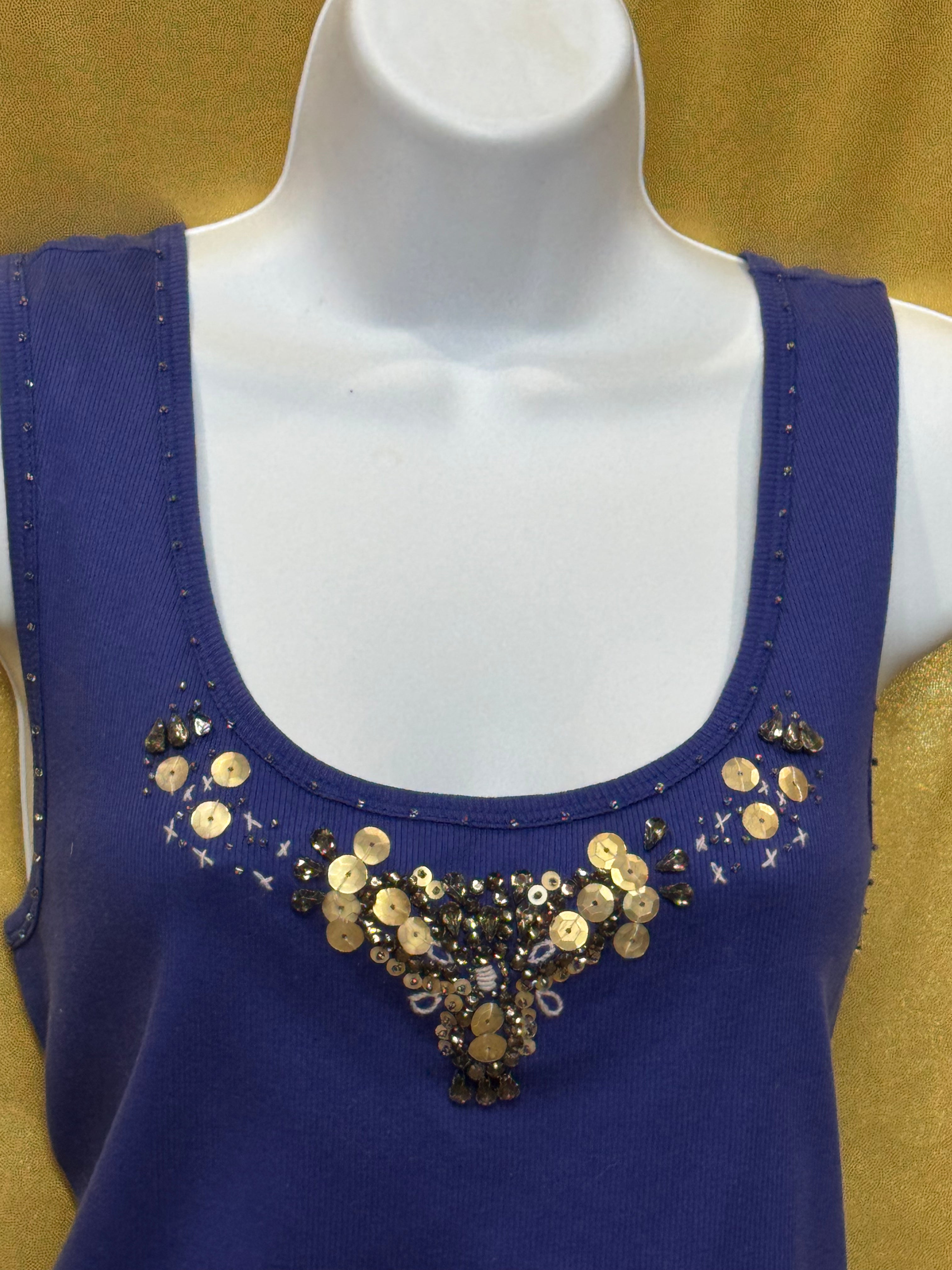 Emma James Purple Ribbed Tank Top Large 100% Cotton Beaded Embellished Neckline