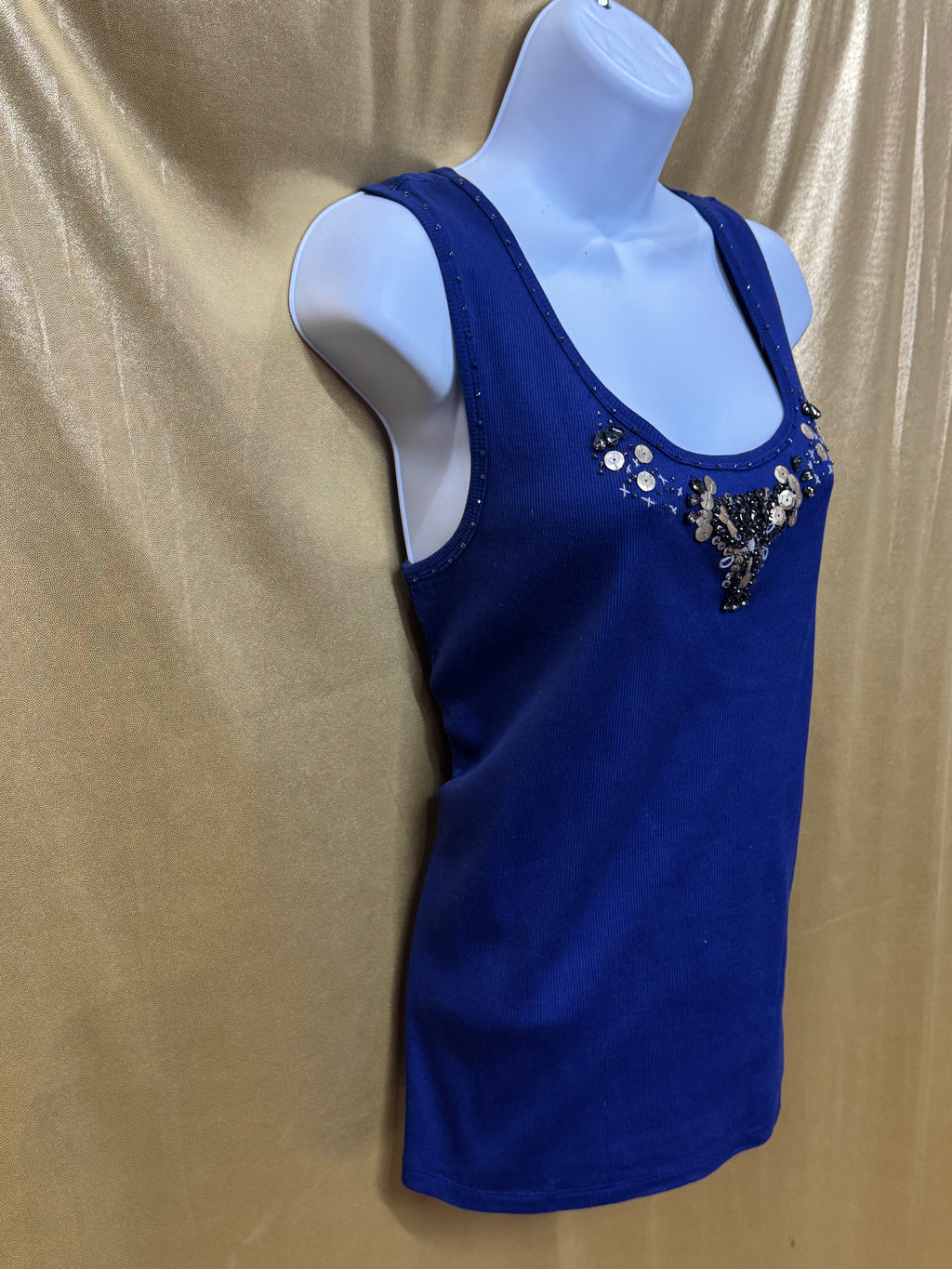 Emma James Purple Ribbed Tank Top Large 100% Cotton Beaded Embellished Neckline