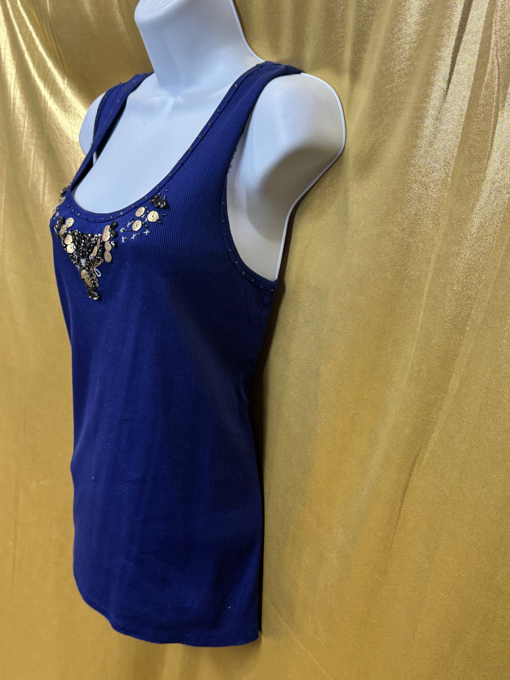 Emma James Purple Ribbed Tank Top Large 100% Cotton Beaded Embellished Neckline