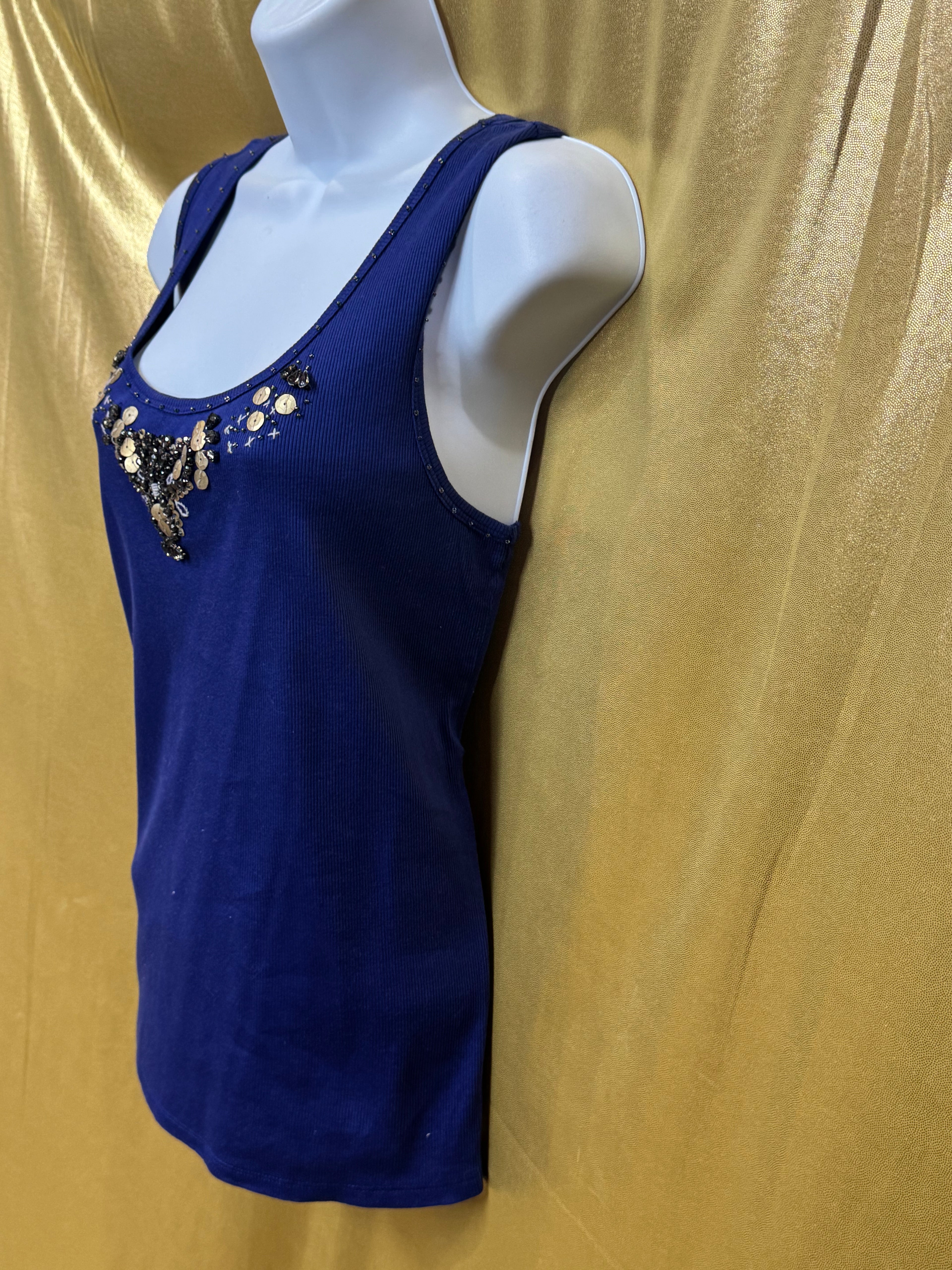 Emma James Purple Ribbed Tank Top Large 100% Cotton Beaded Embellished Neckline