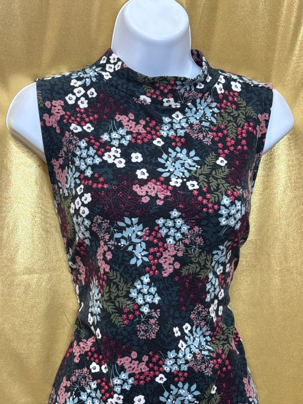 LOFT Mock Neck Floral Sleeveless Top Cover - Size Large Zipper Back Stretch Knit