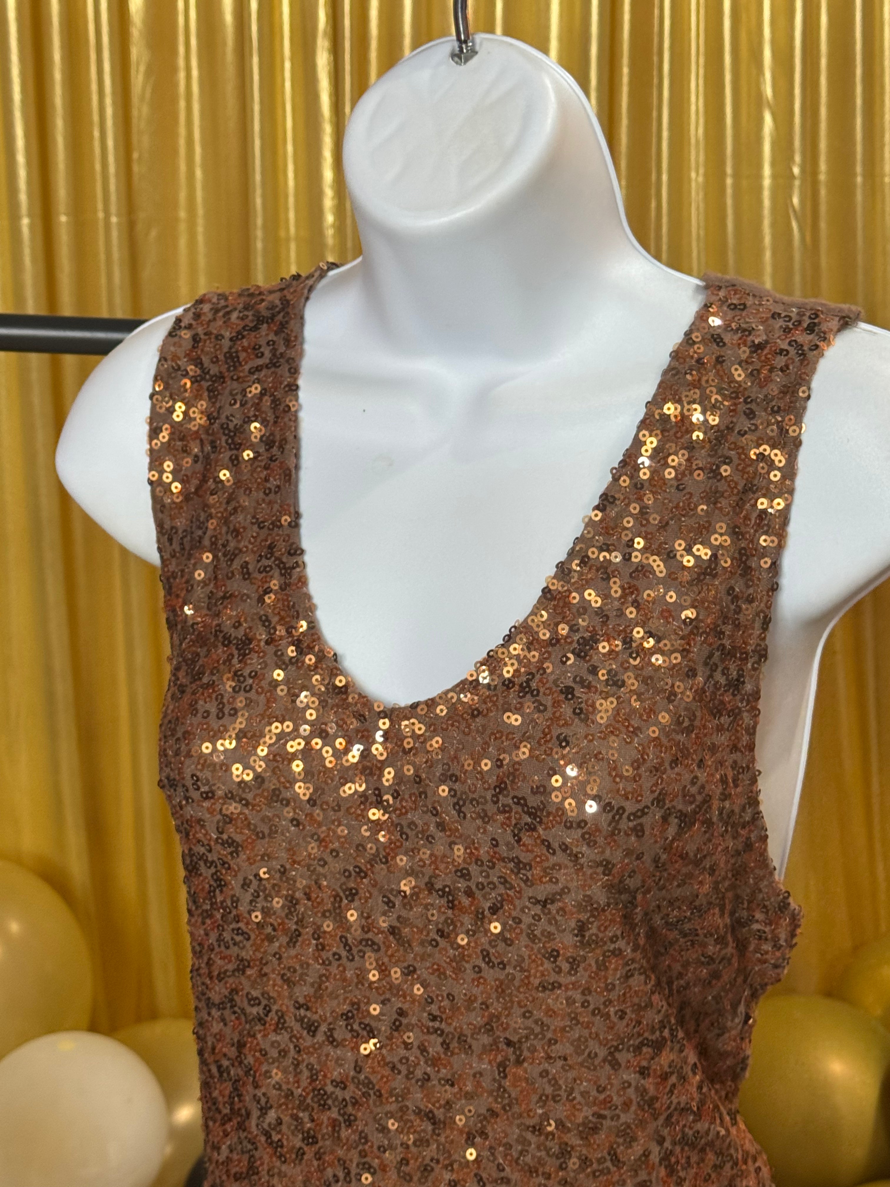 Pleione Brown Sequin Sleeveless Blouse Sz XL