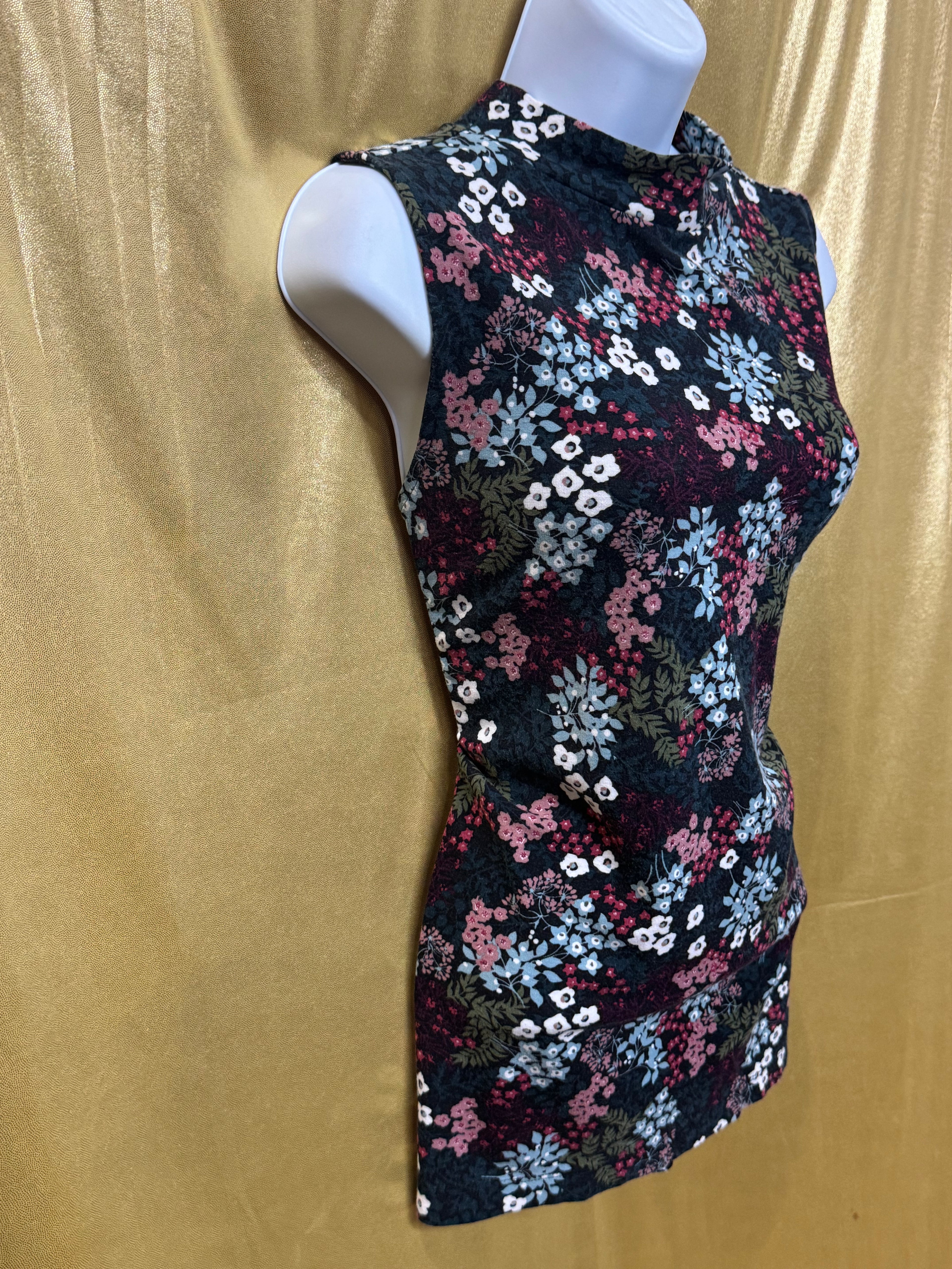 LOFT Mock Neck Floral Sleeveless Top Cover - Size Large Zipper Back Stretch Knit