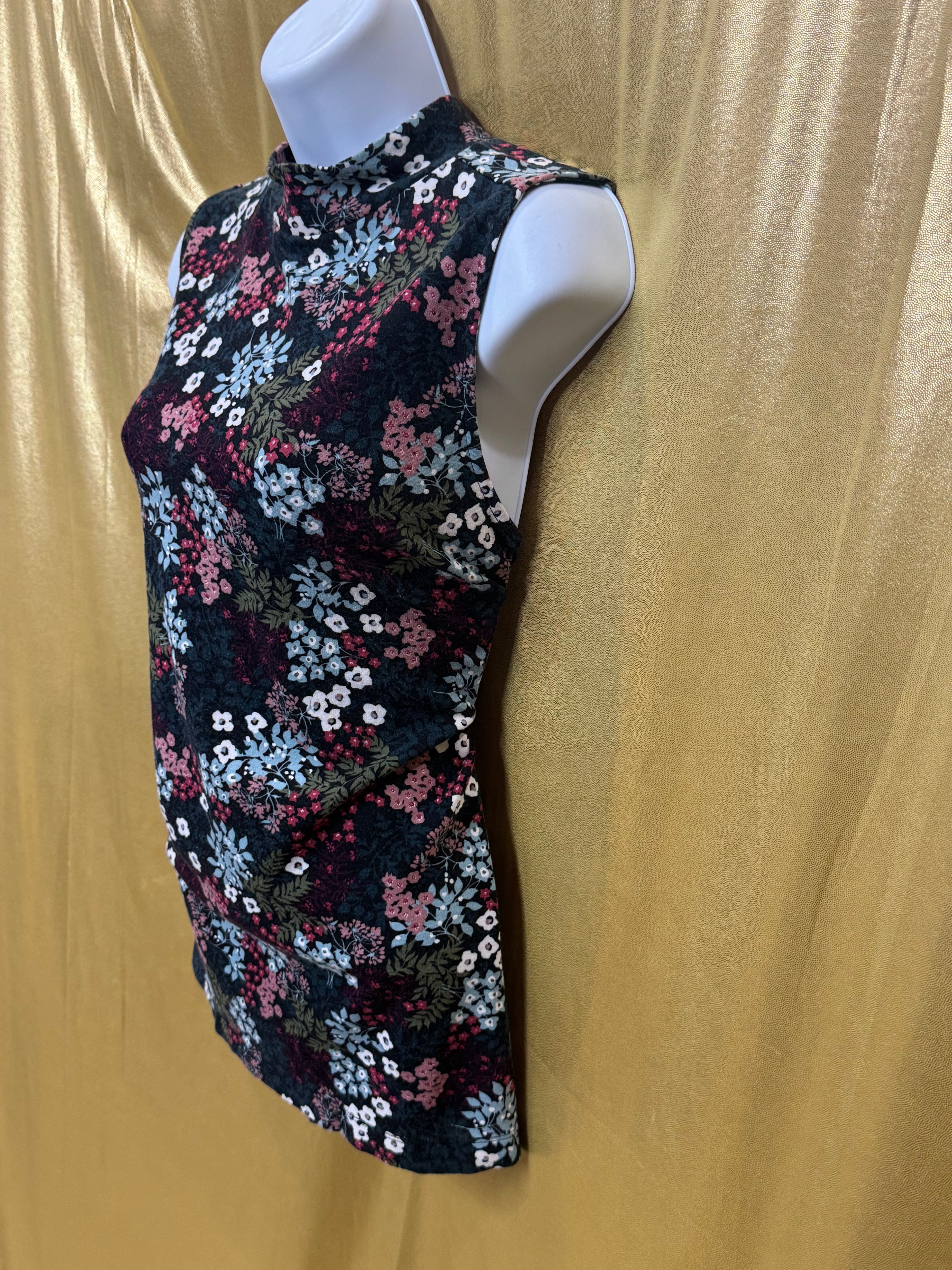 LOFT Mock Neck Floral Sleeveless Top Cover - Size Large Zipper Back Stretch Knit