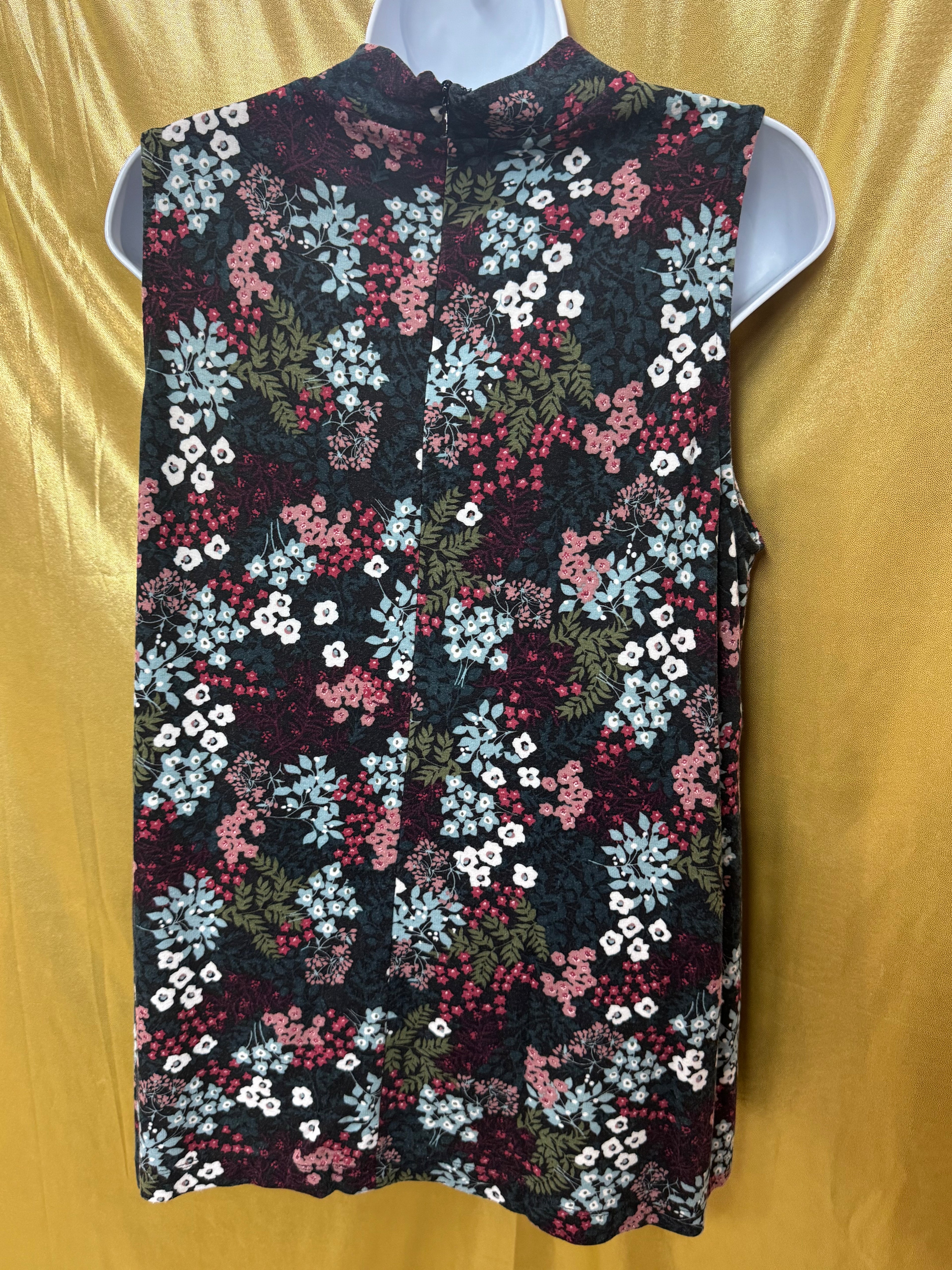 LOFT Mock Neck Floral Sleeveless Top Cover - Size Large Zipper Back Stretch Knit