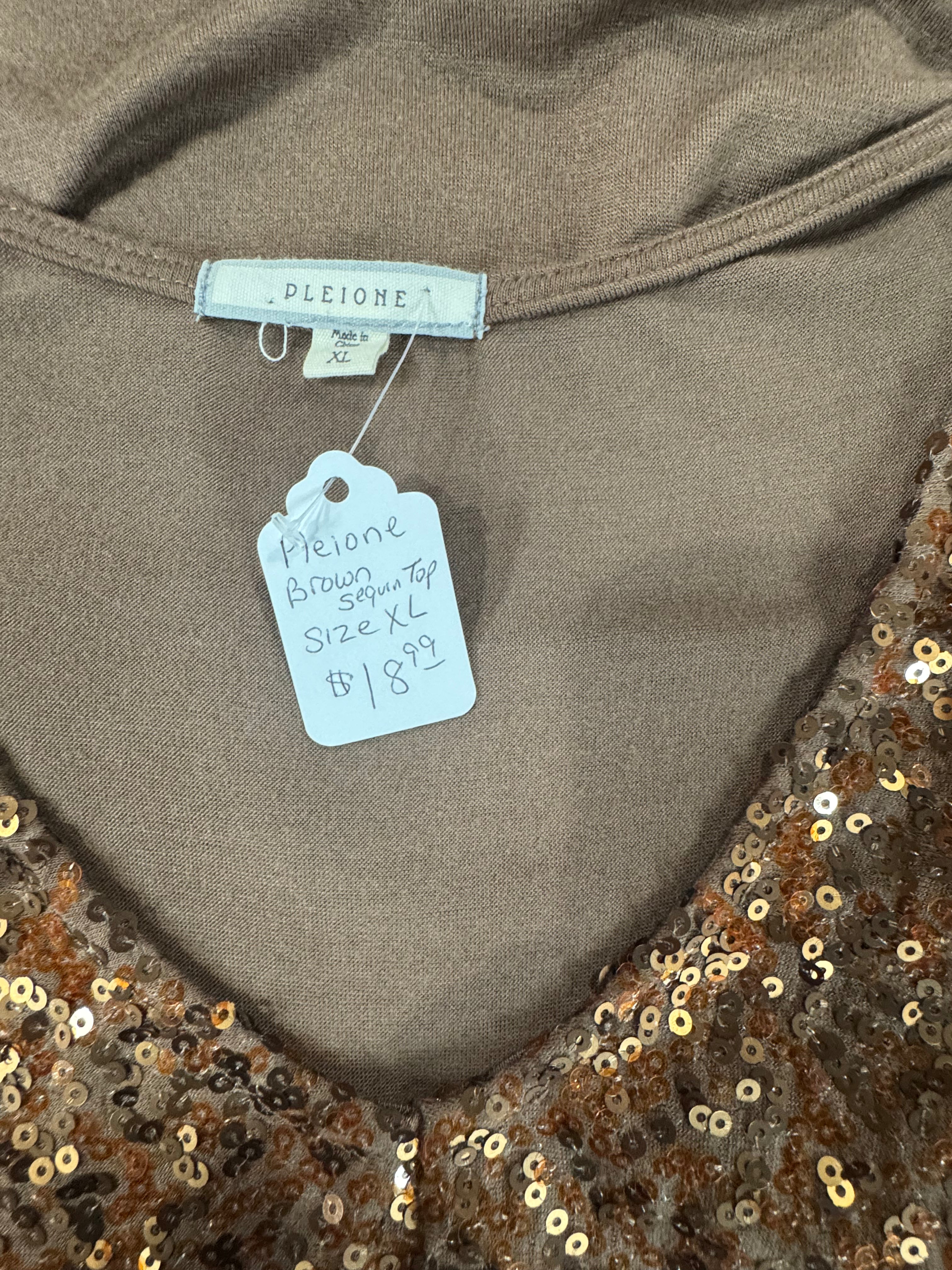 Pleione Brown Sequin Sleeveless Blouse Sz XL