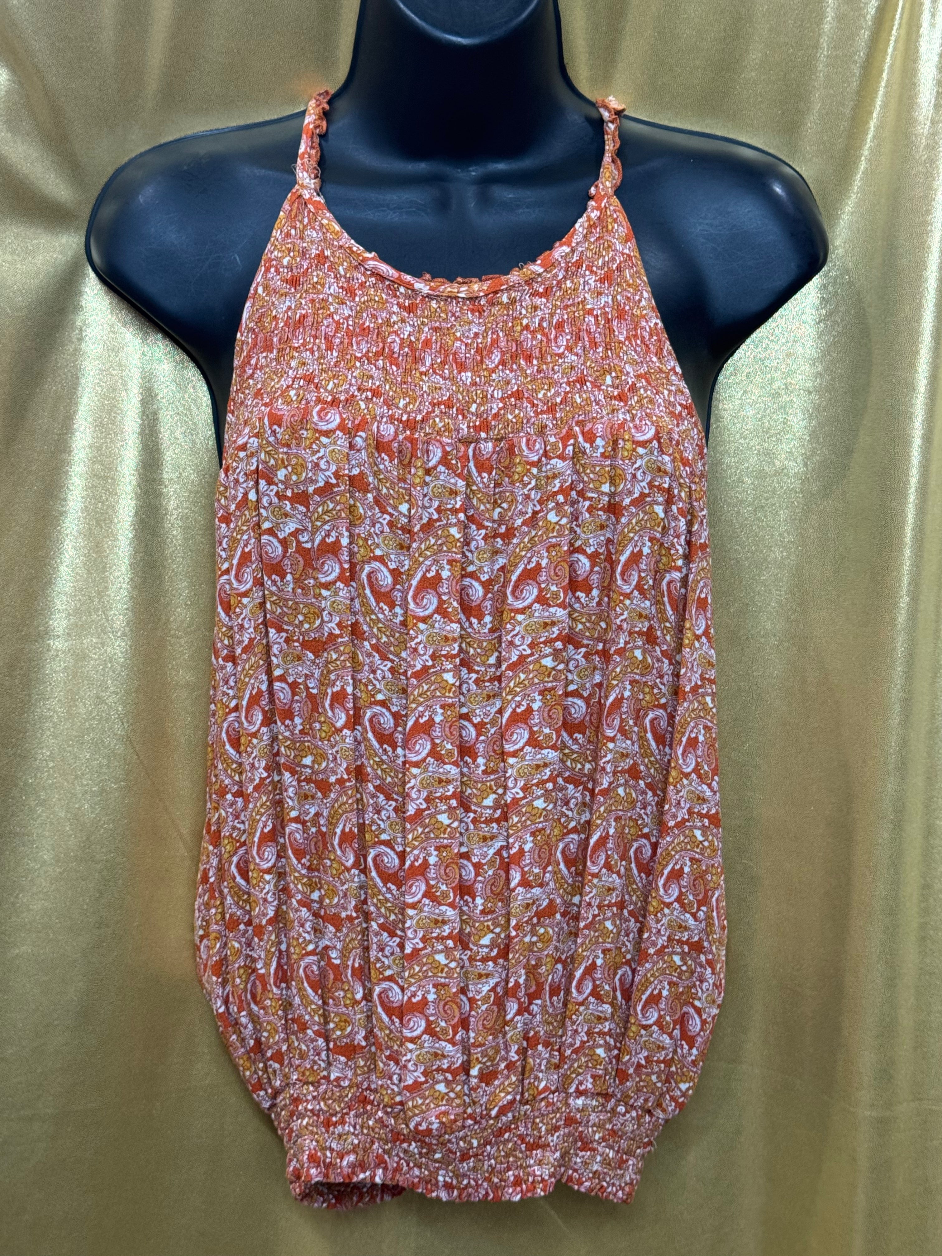Cynthia Rowley Orange Paisley Halter Top Smocked Bubble Hem Size L