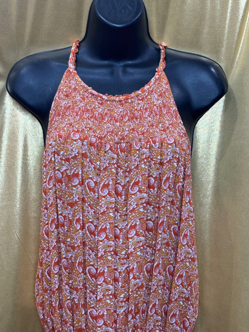 Cynthia Rowley Orange Paisley Halter Top Smocked Bubble Hem Size L