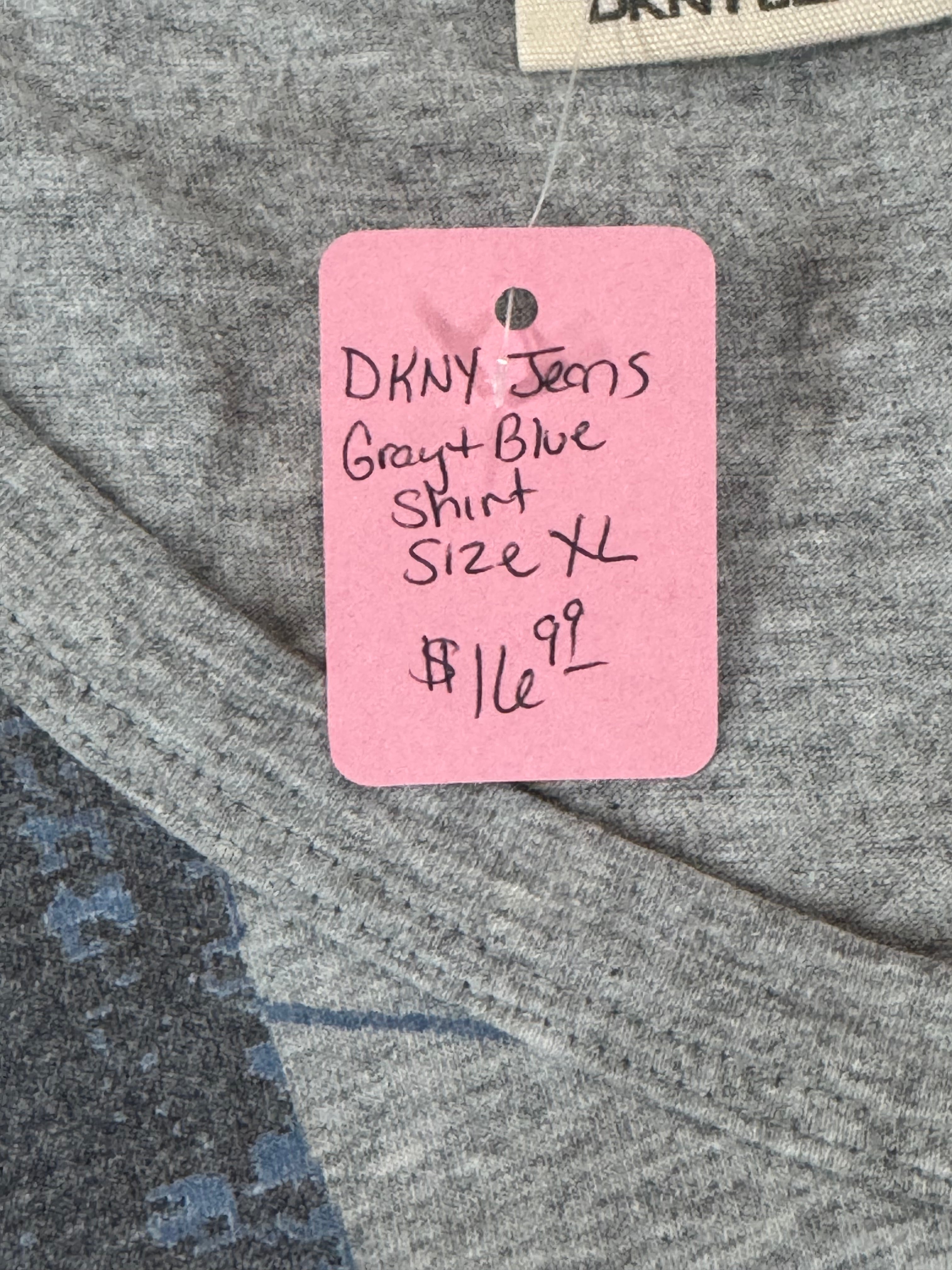 DKNY Gray & Blue Short Sleeve Tee Shirt Sz XL