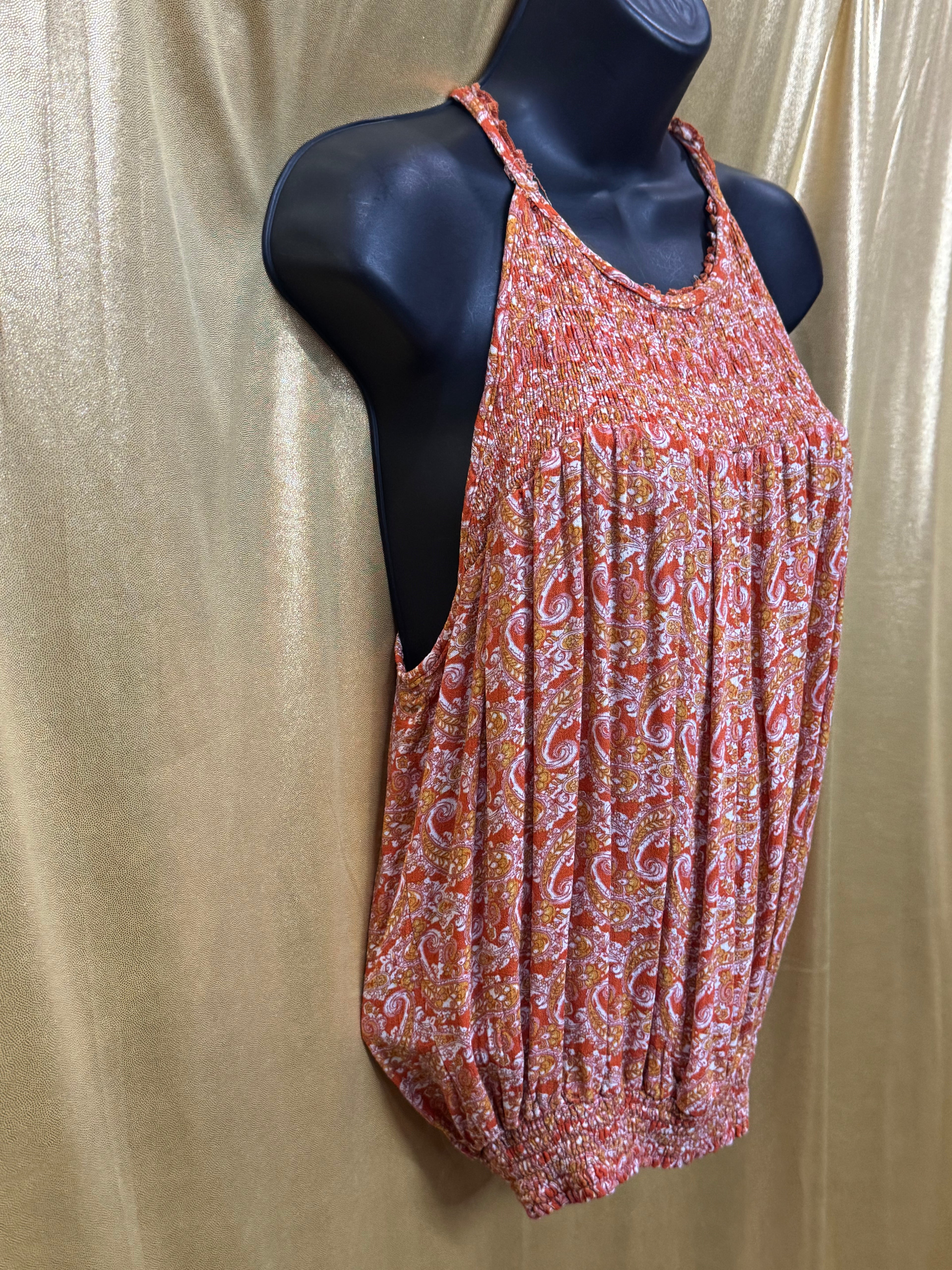 Cynthia Rowley Orange Paisley Halter Top Smocked Bubble Hem Size L