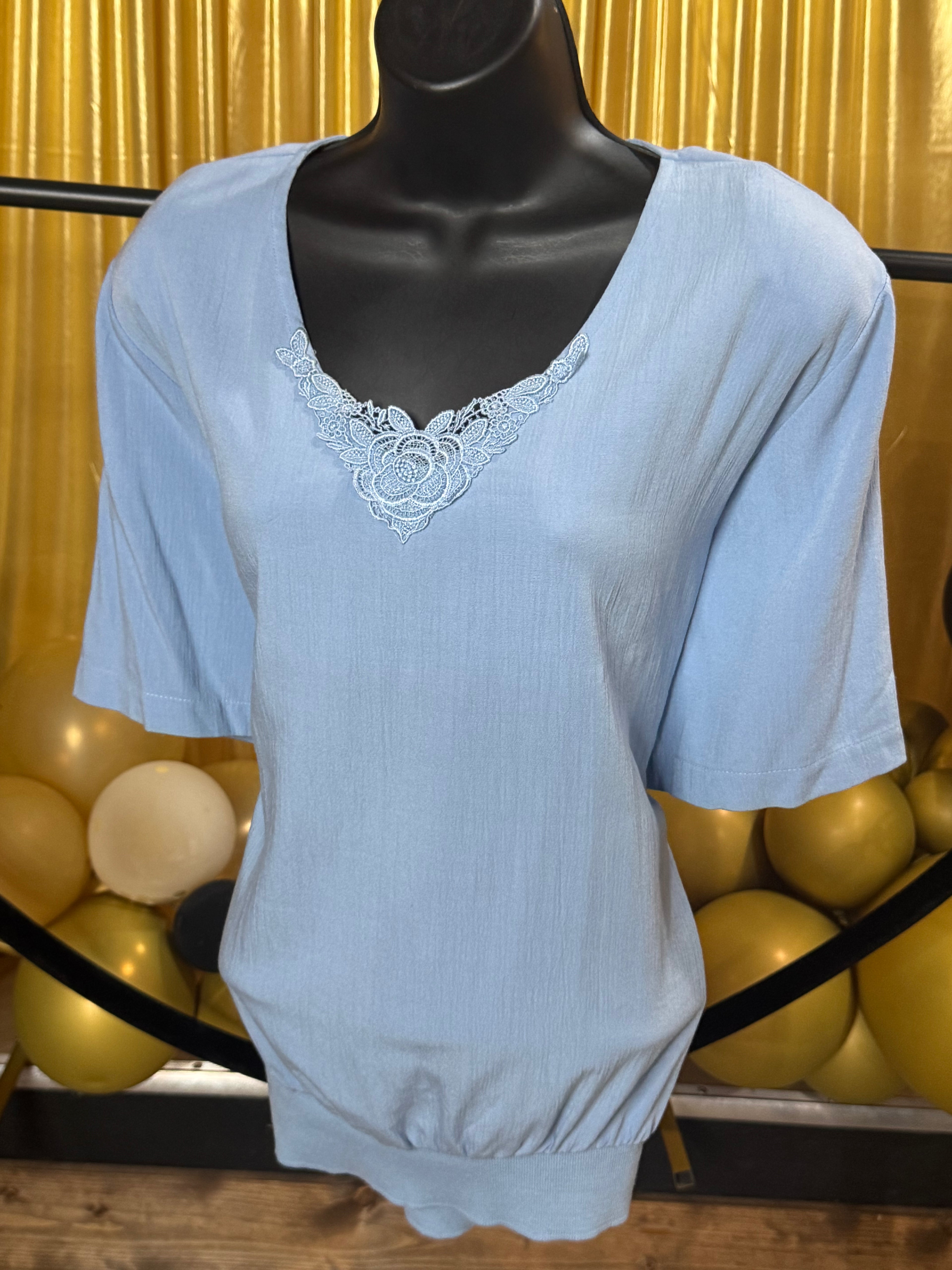 Cricket Lane Vintage Blue Short Sleeve Blouse Sz XL