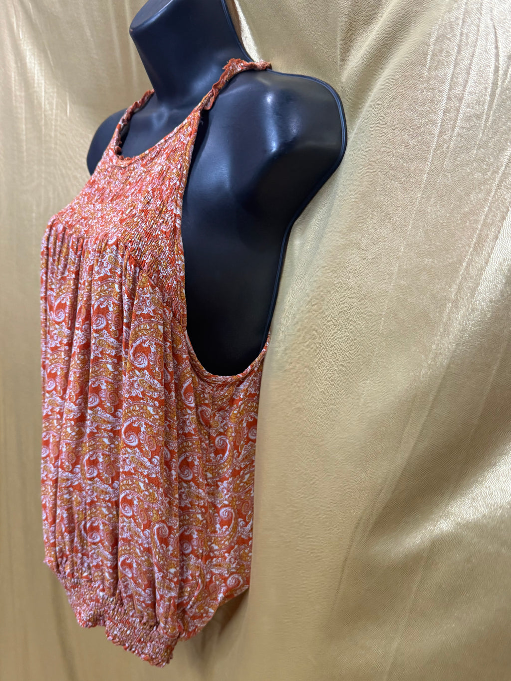 Cynthia Rowley Orange Paisley Halter Top Smocked Bubble Hem Size L