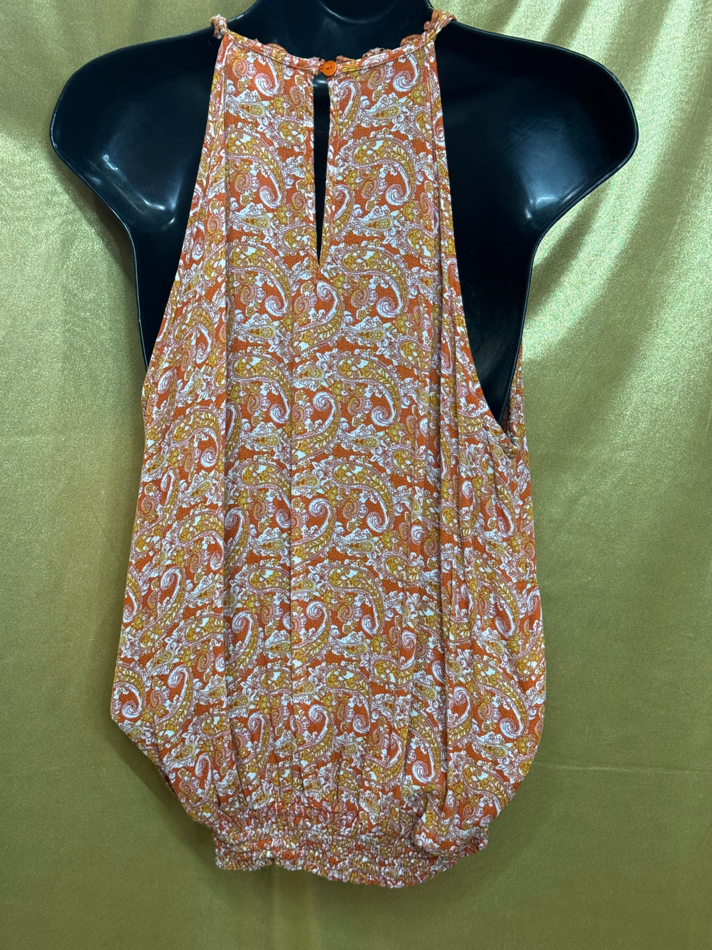 Cynthia Rowley Orange Paisley Halter Top Smocked Bubble Hem Size L
