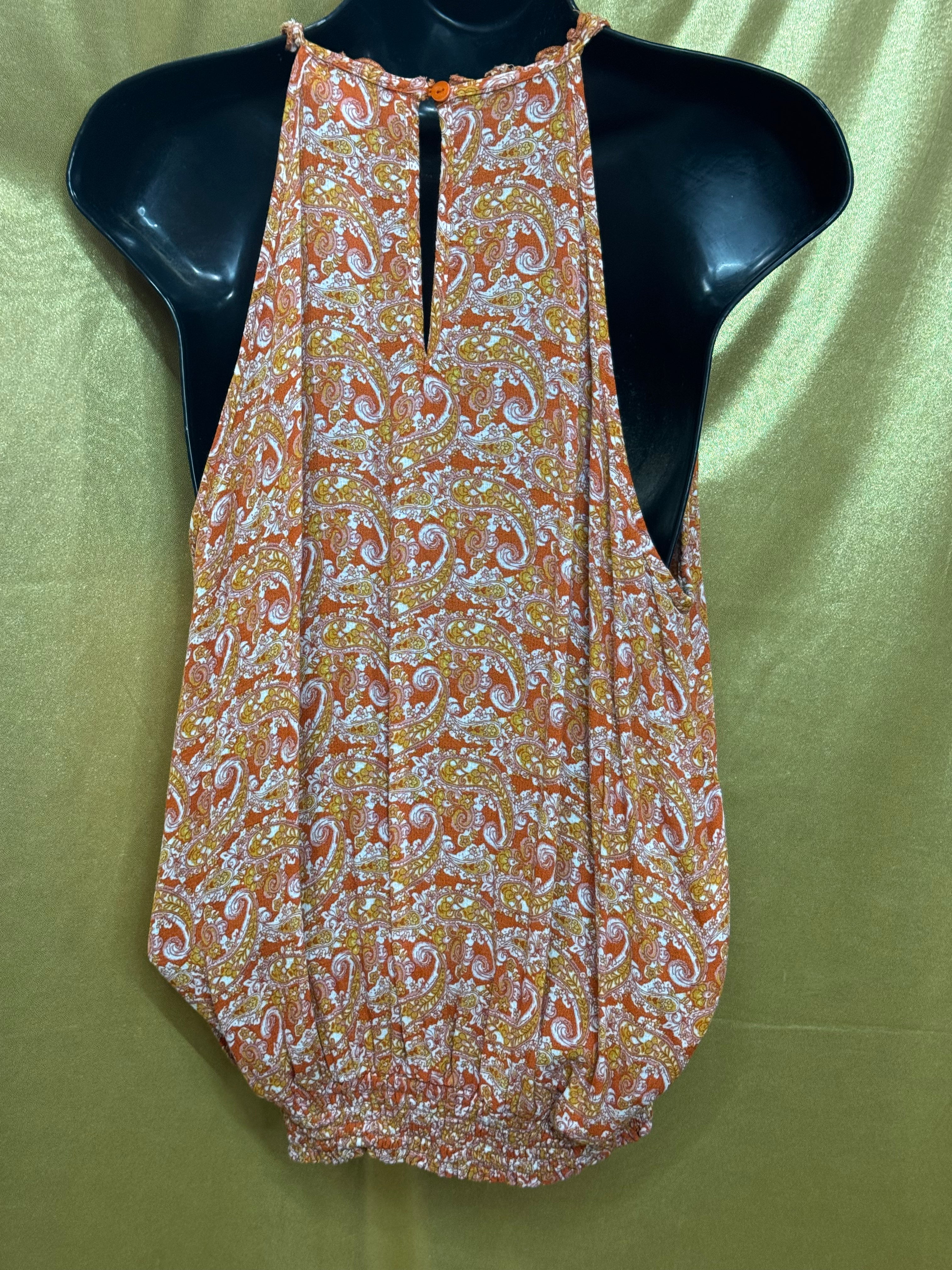 Cynthia Rowley Orange Paisley Halter Top Smocked Bubble Hem Size L