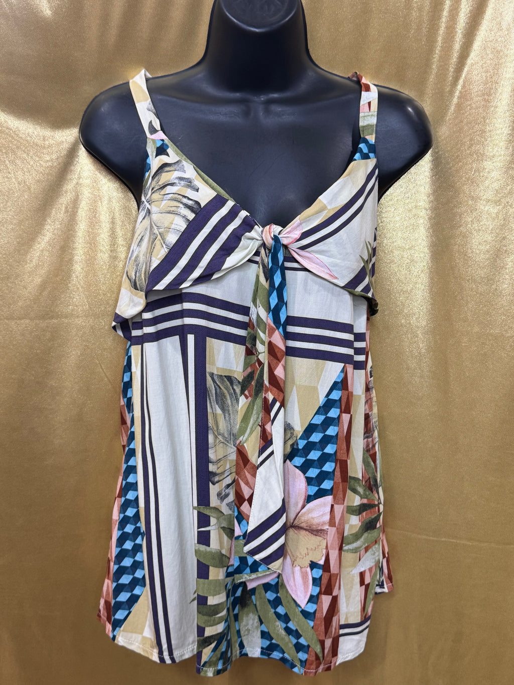 ELAVESTE Brazil Tropical Patchwork Tie-Front Cami Tank Top | Size Large (46)