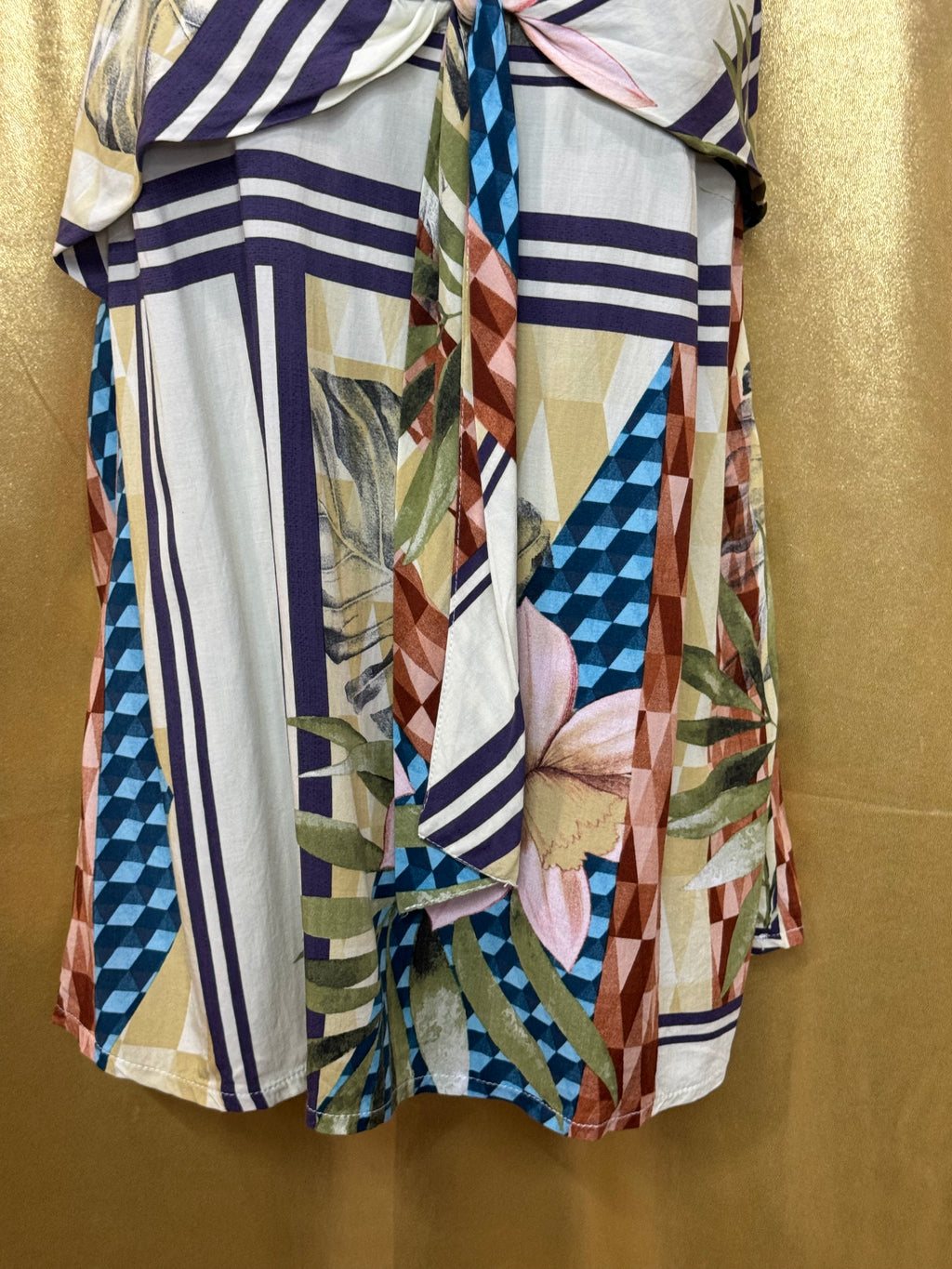 ELAVESTE Brazil Tropical Patchwork Tie-Front Cami Tank Top | Size Large (46)