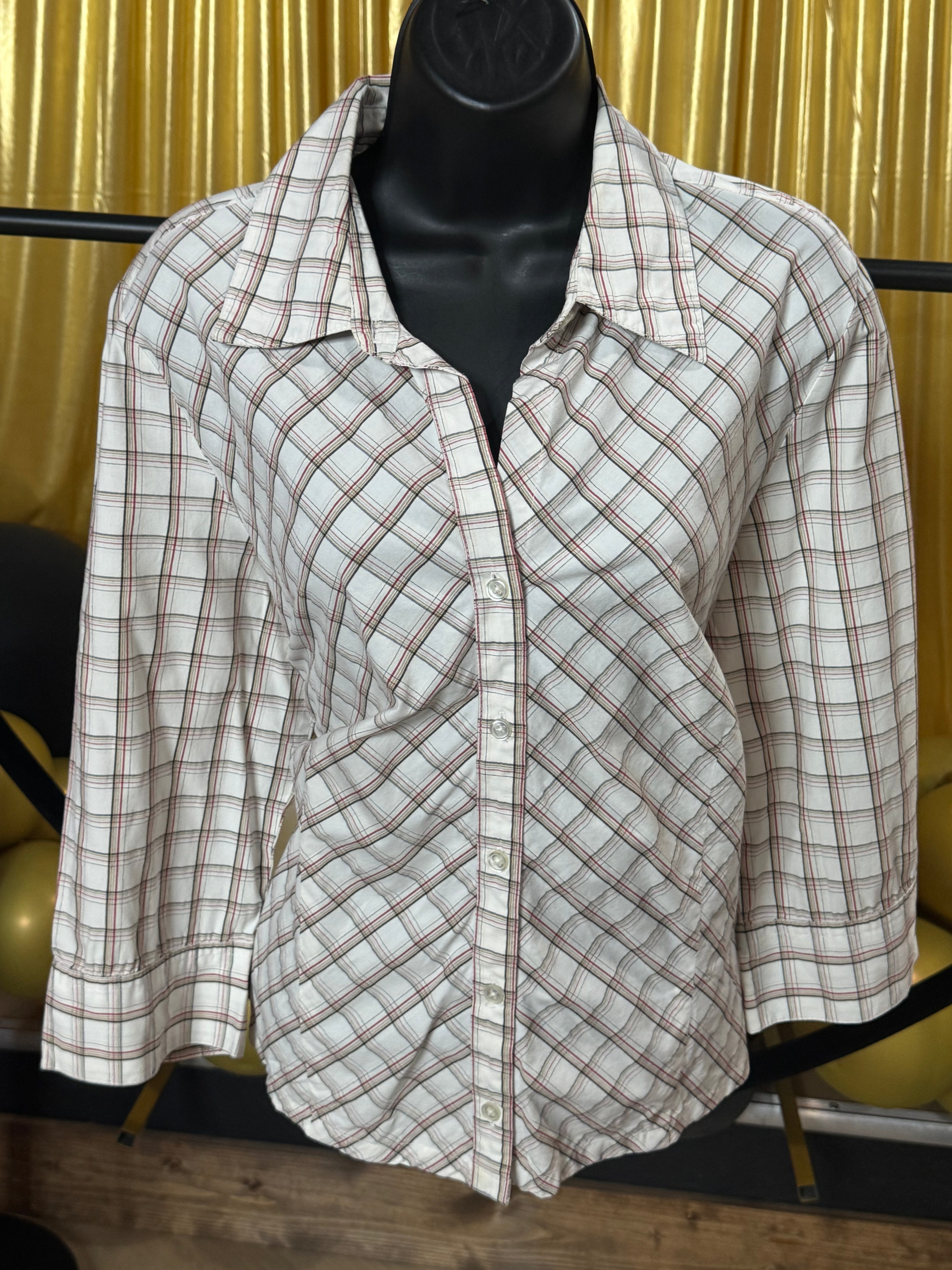 Kim Rogers White, Red & Brown Plaid 3/4 Sleeve Blouse
