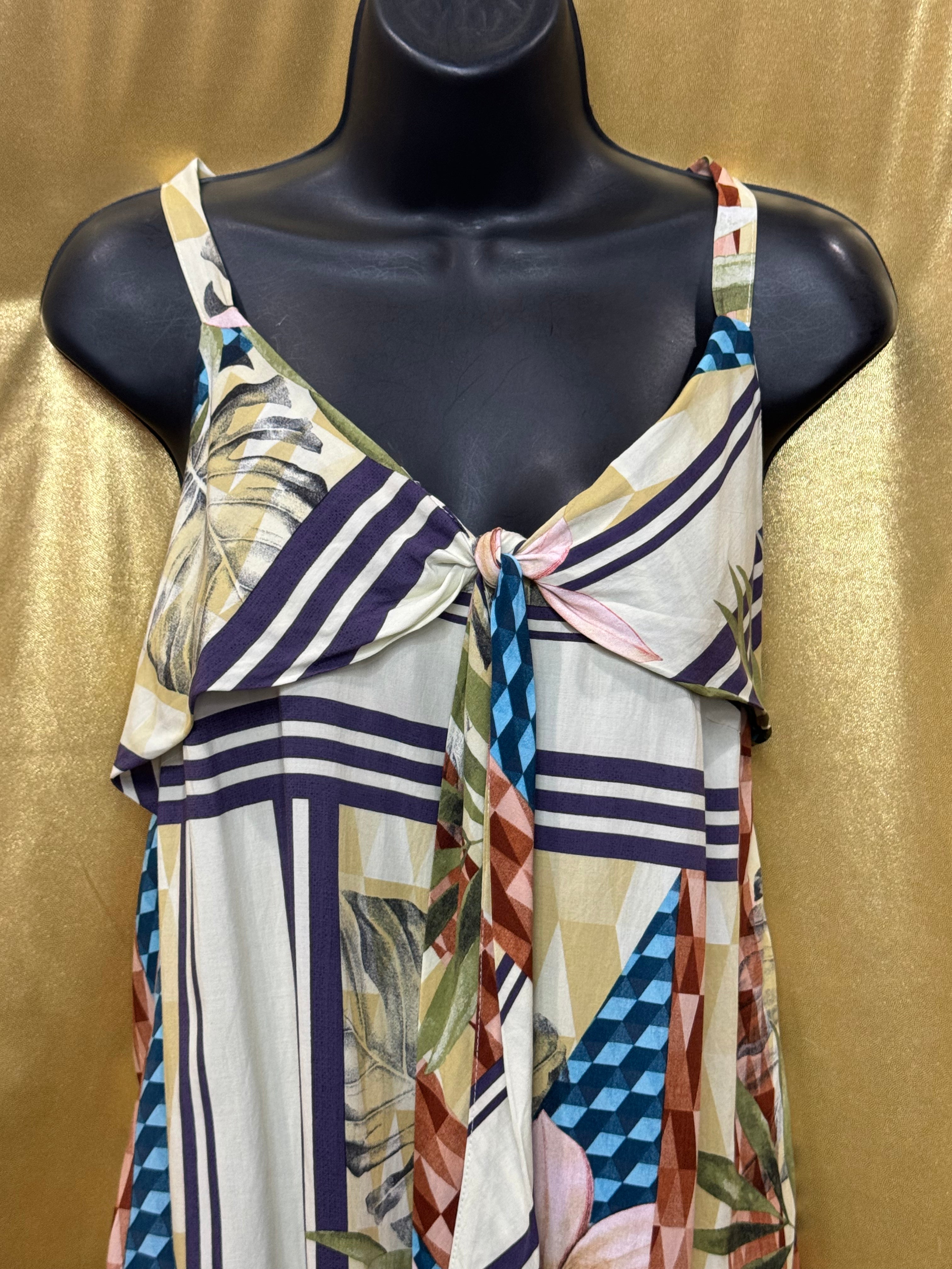 ELAVESTE Brazil Tropical Patchwork Tie-Front Cami Tank Top | Size Large (46)
