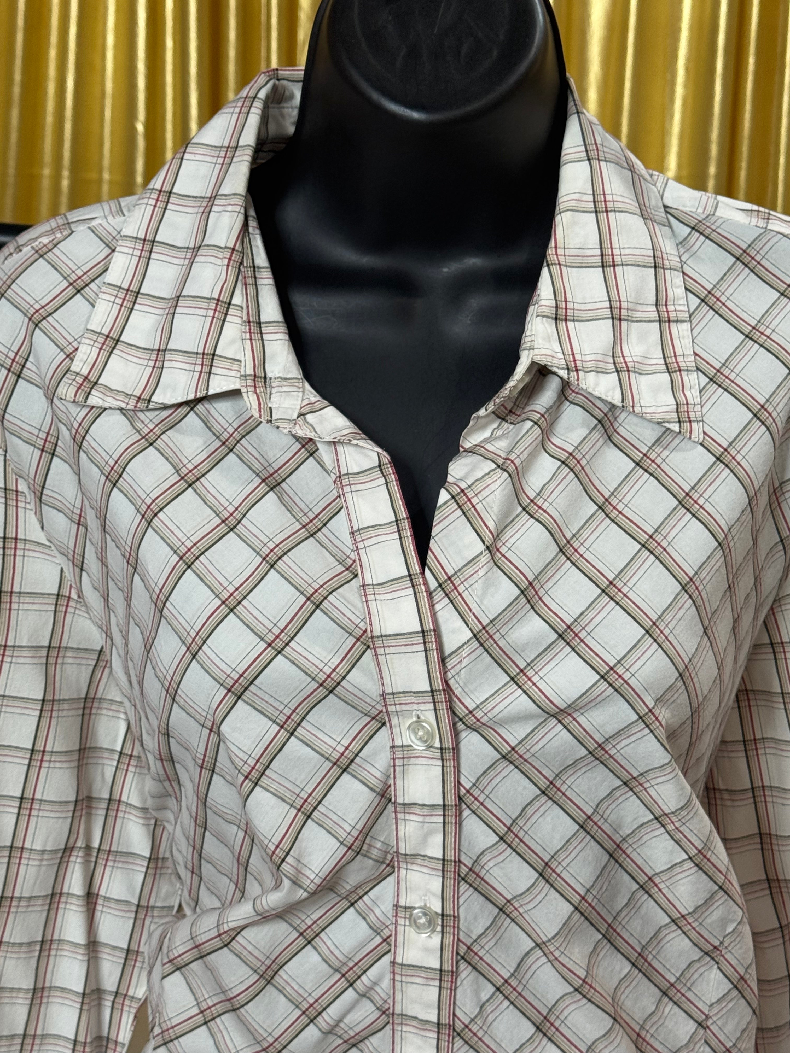 Kim Rogers White, Red & Brown Plaid 3/4 Sleeve Blouse