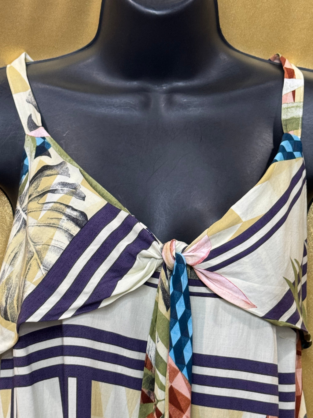 ELAVESTE Brazil Tropical Patchwork Tie-Front Cami Tank Top | Size Large (46)