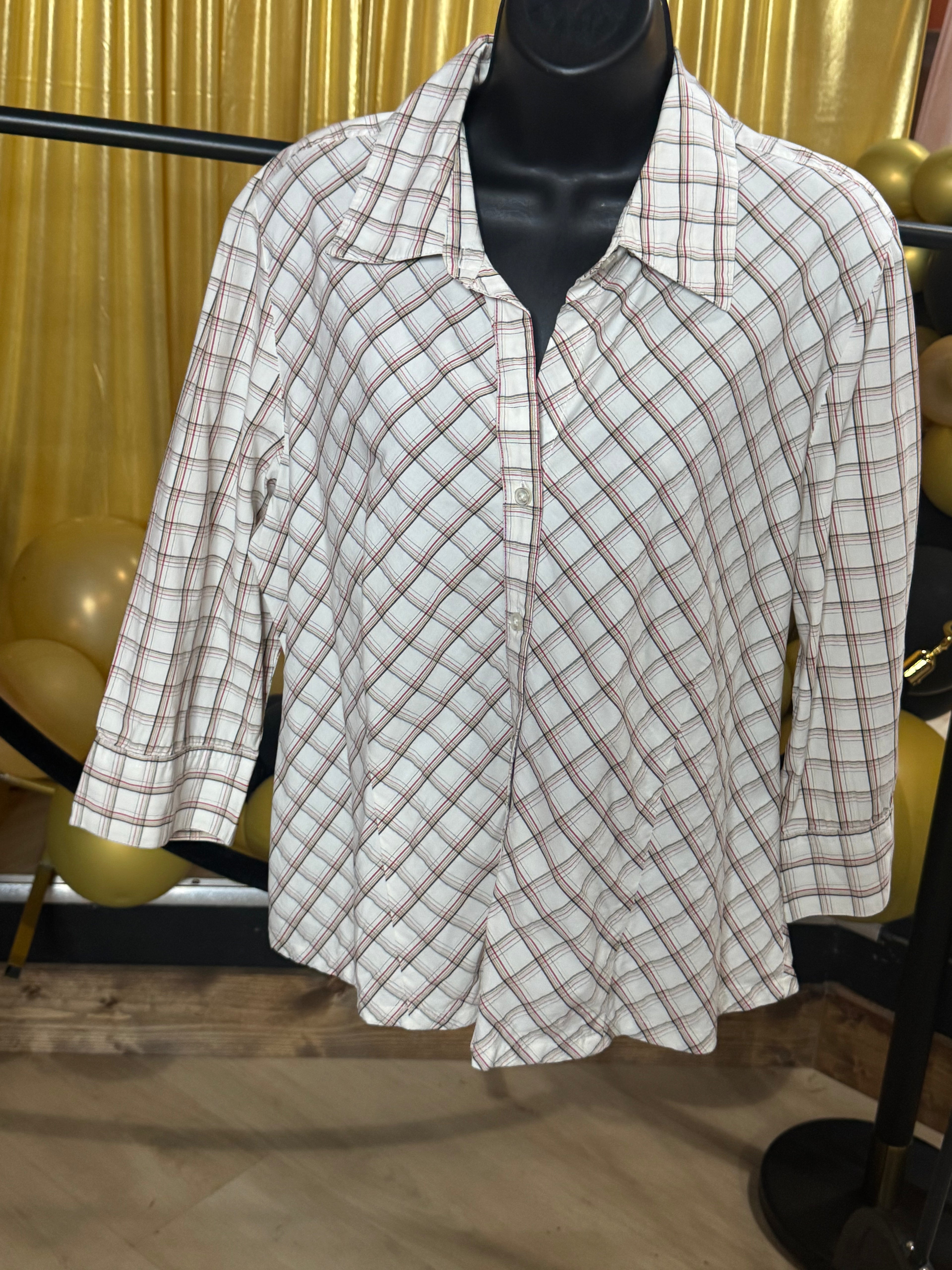 Kim Rogers White, Red & Brown Plaid 3/4 Sleeve Blouse